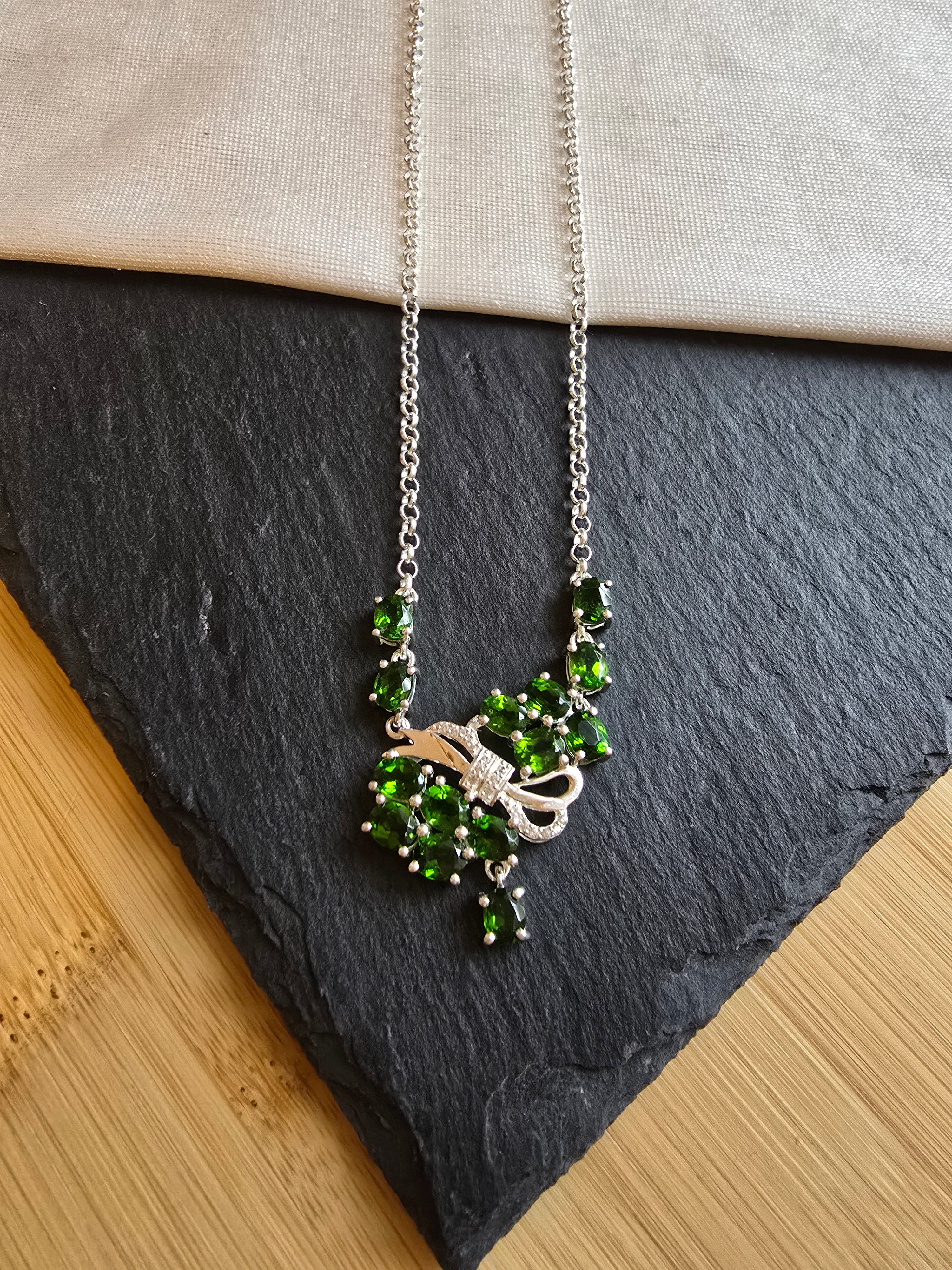 Sterling Silver Chrome Diopside & White Topaz Gemstone Necklace