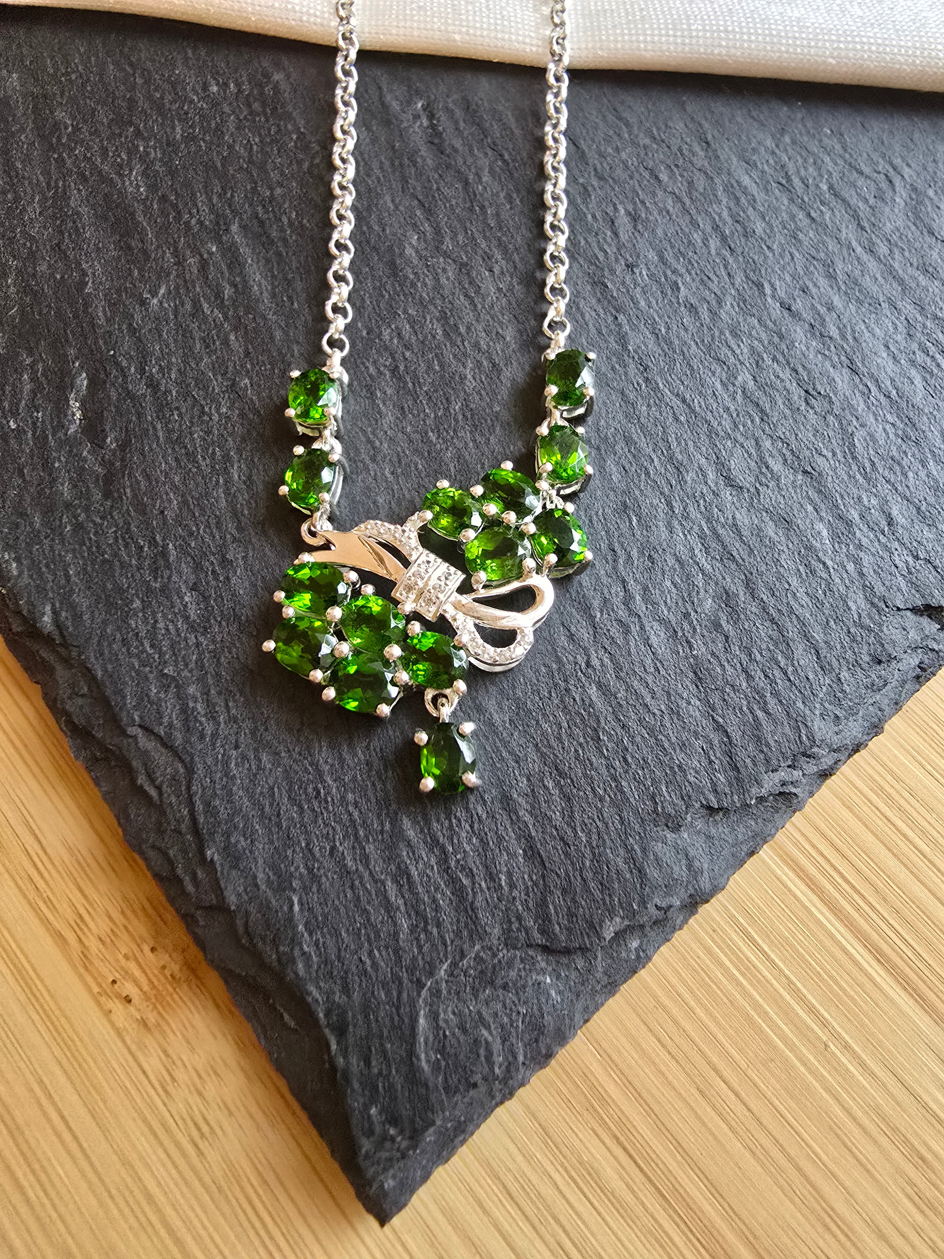 Sterling Silver Chrome Diopside & White Topaz Gemstone Necklace