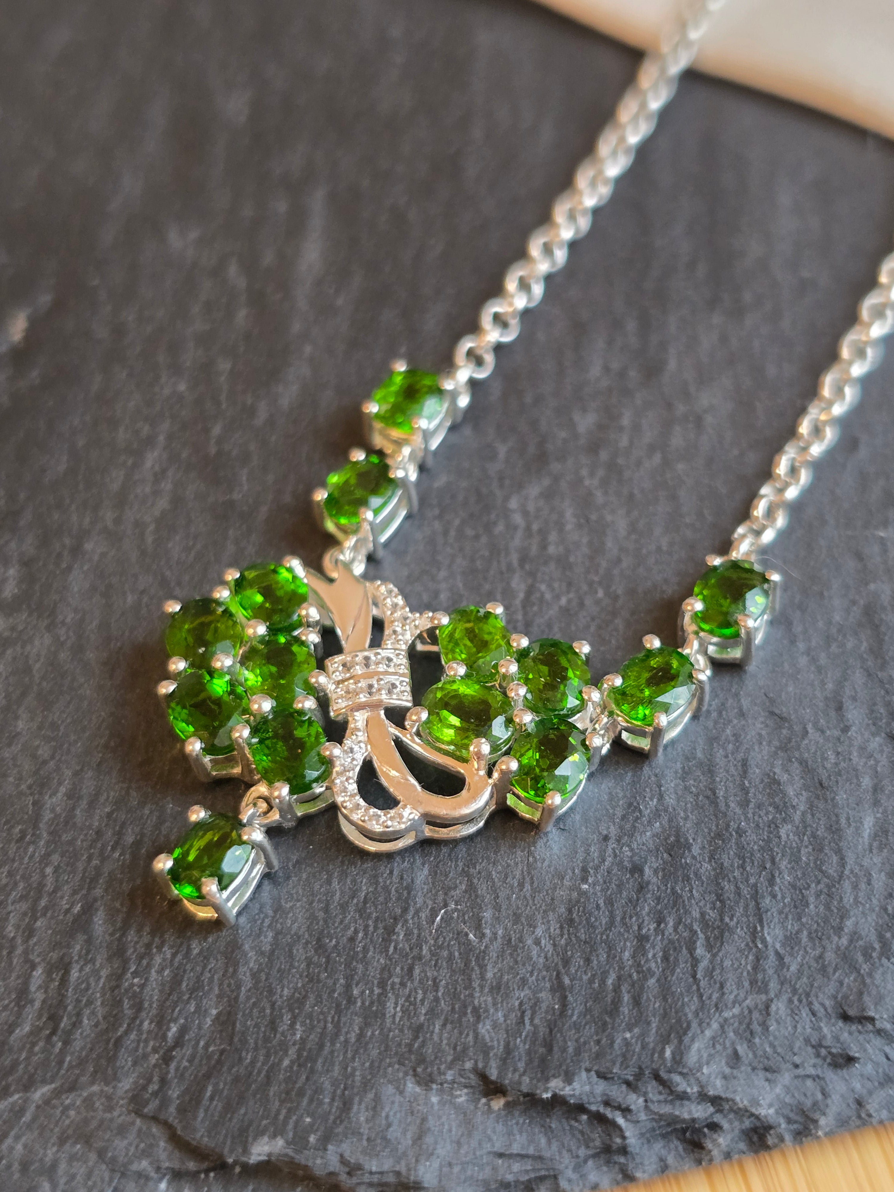 Sterling Silver Chrome Diopside & White Topaz Gemstone Necklace