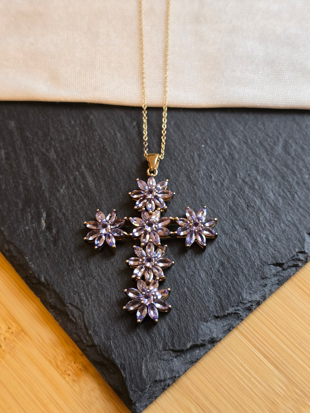 Tanzanite Gold Plated Sterling Silver Cross Pendant With 18" Chain Necklace