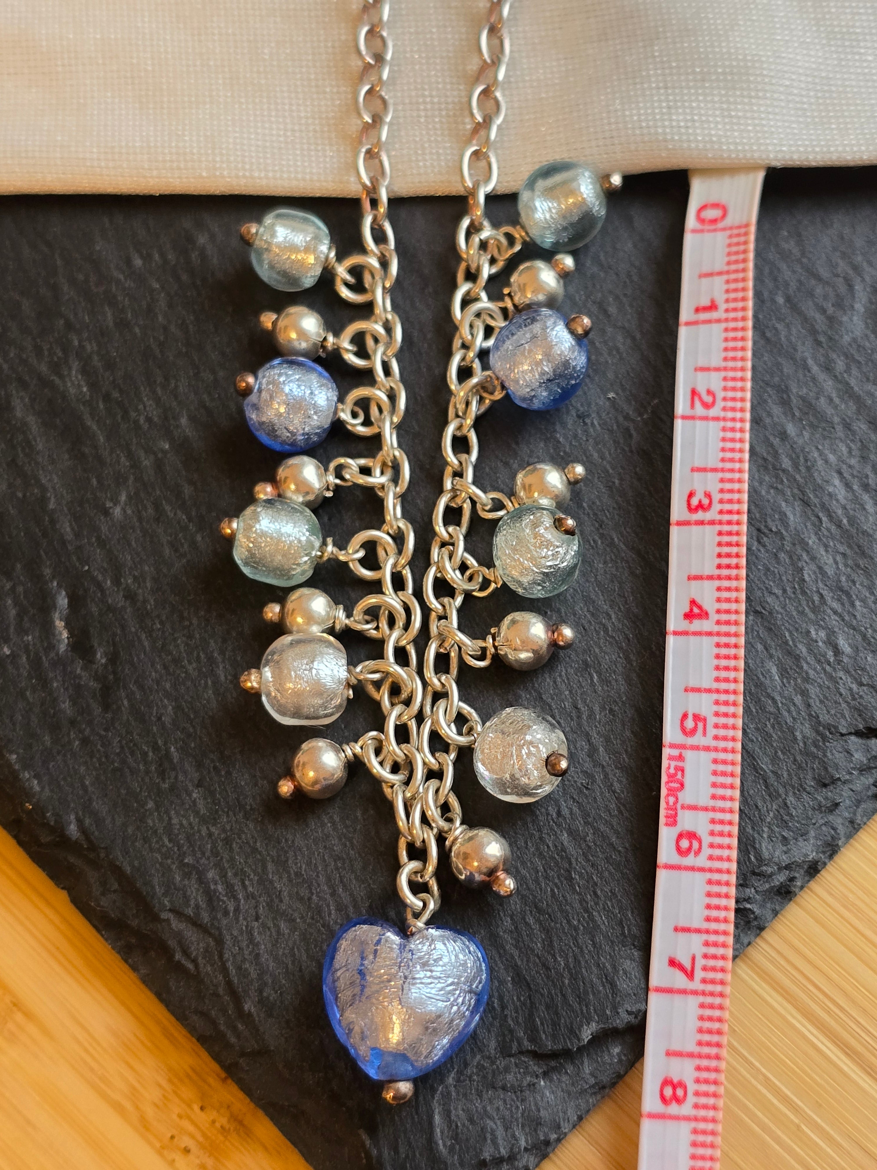 Sterling Silver Blue and Silver Murano Glass Drop Necklace