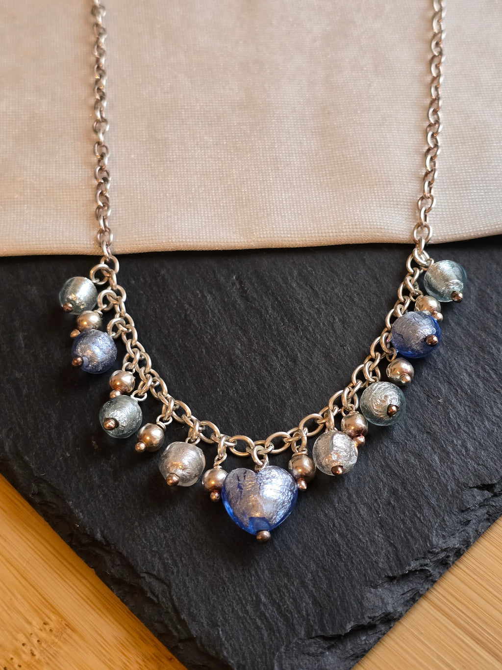 Sterling Silver Blue and Silver Murano Glass Drop Necklace