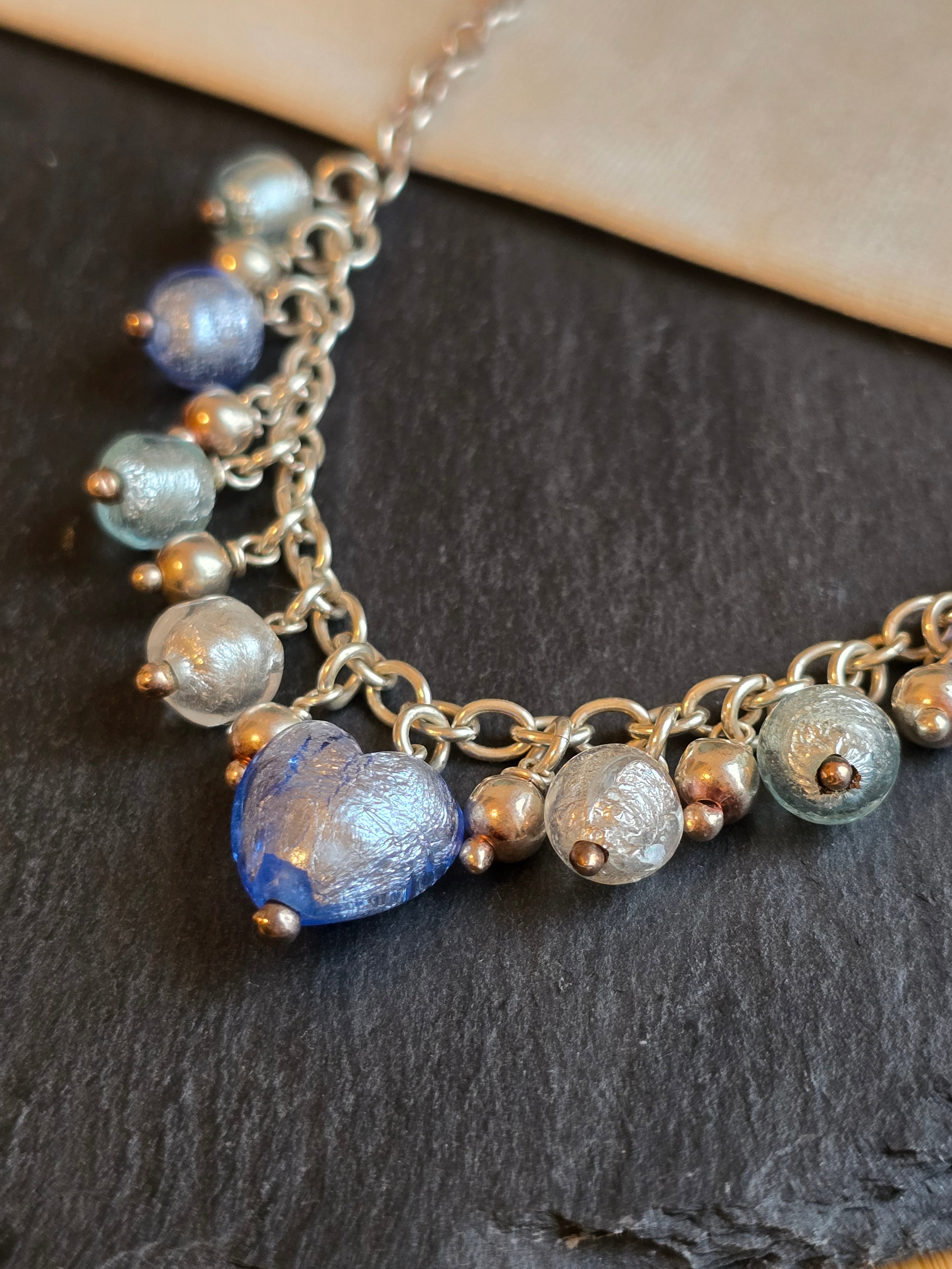 Sterling Silver Blue and Silver Murano Glass Drop Necklace