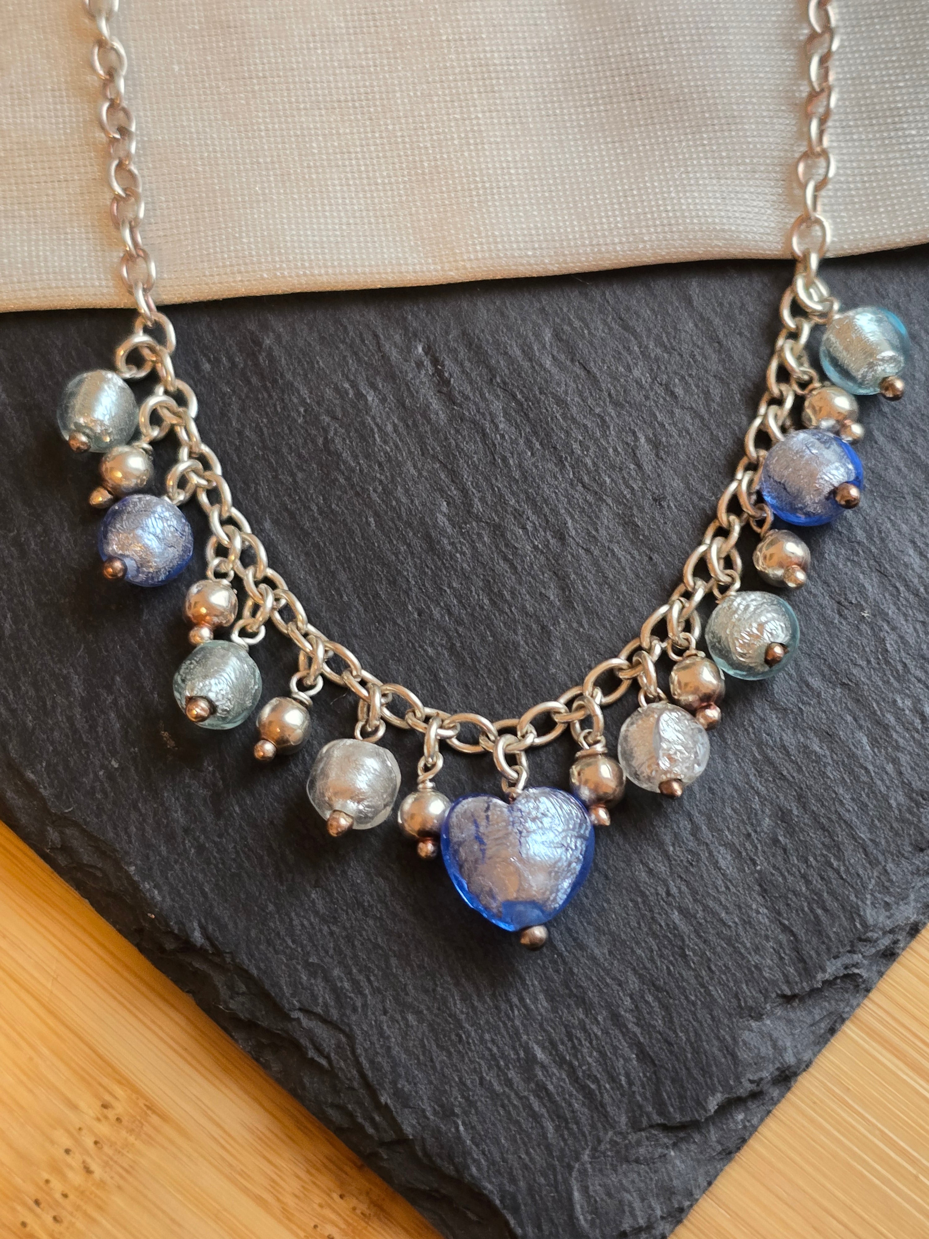 Sterling Silver Blue and Silver Murano Glass Drop Necklace