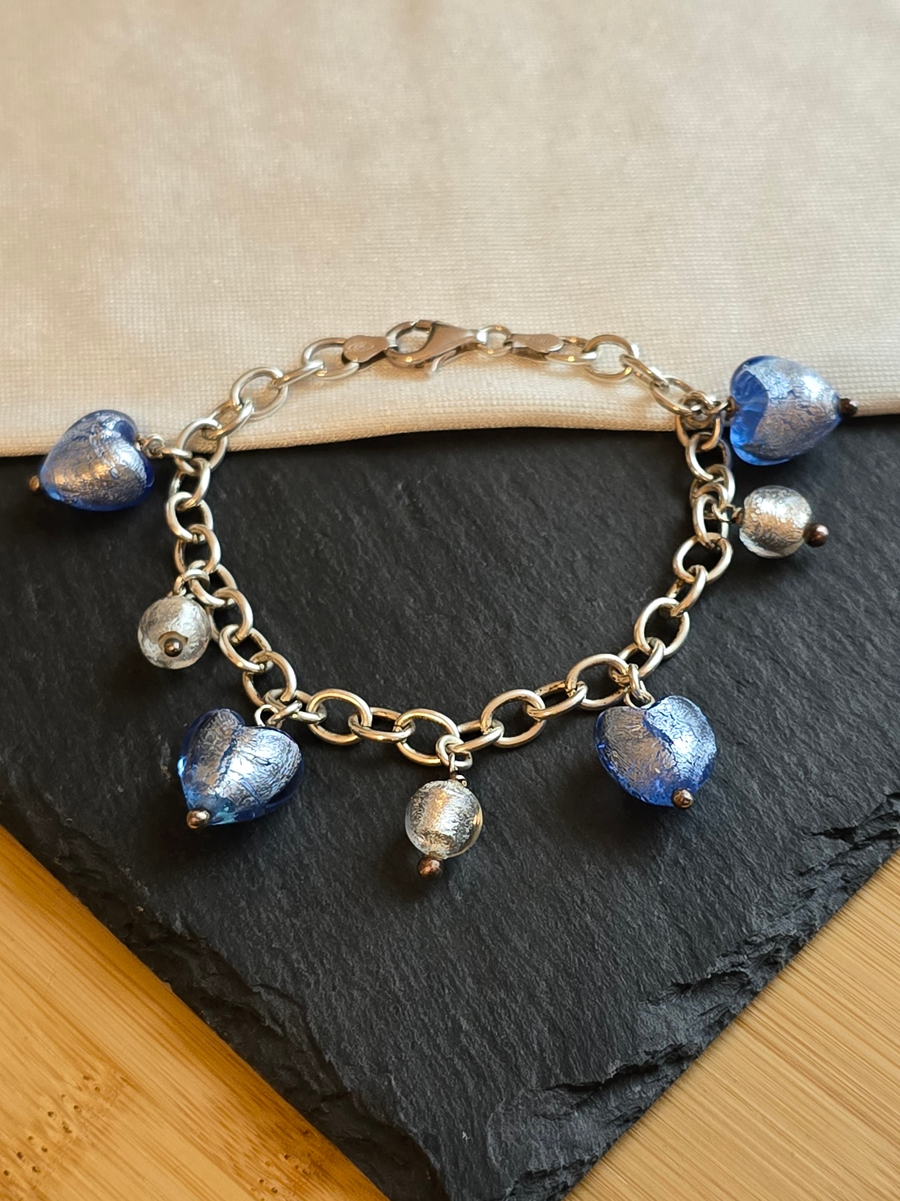 Sterling Silver Blue And Silver Murano Glass Bracelet