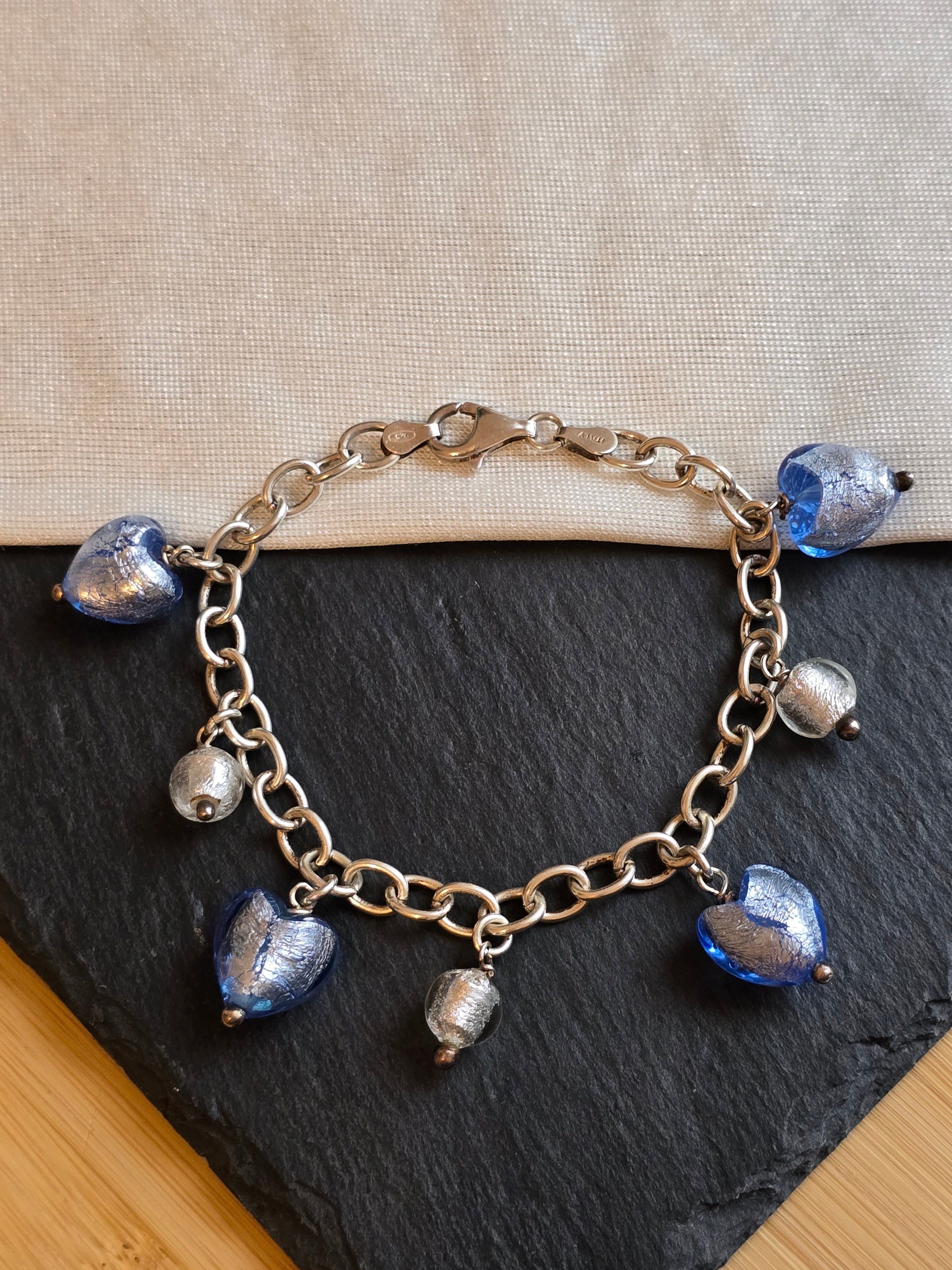 Sterling Silver Blue And Silver Murano Glass Bracelet
