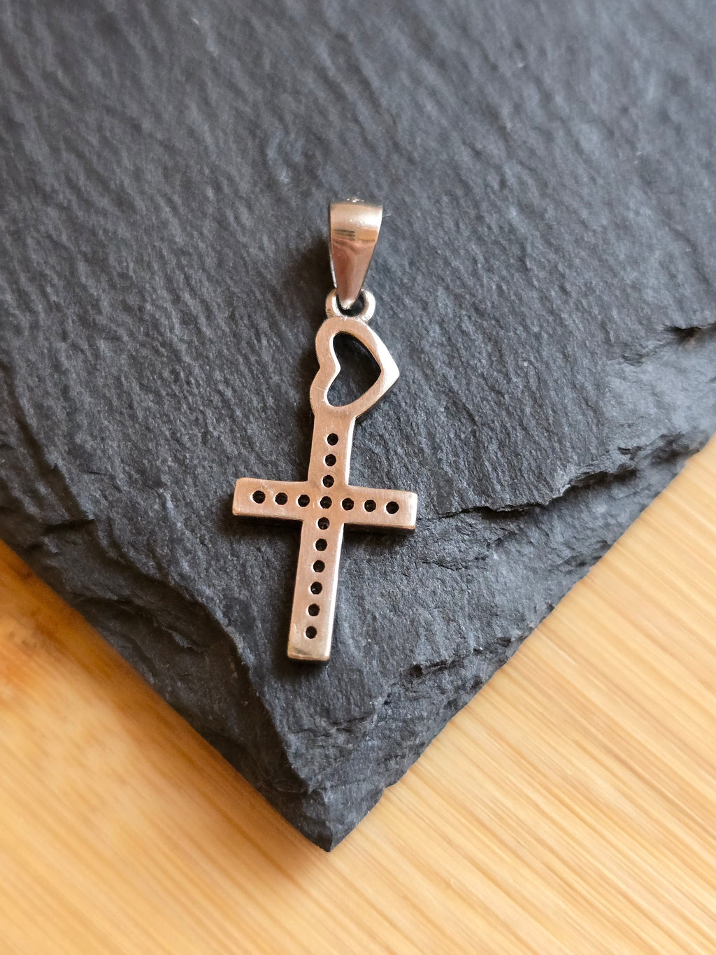 Sterling Silver CZ Heart Cross Pendant