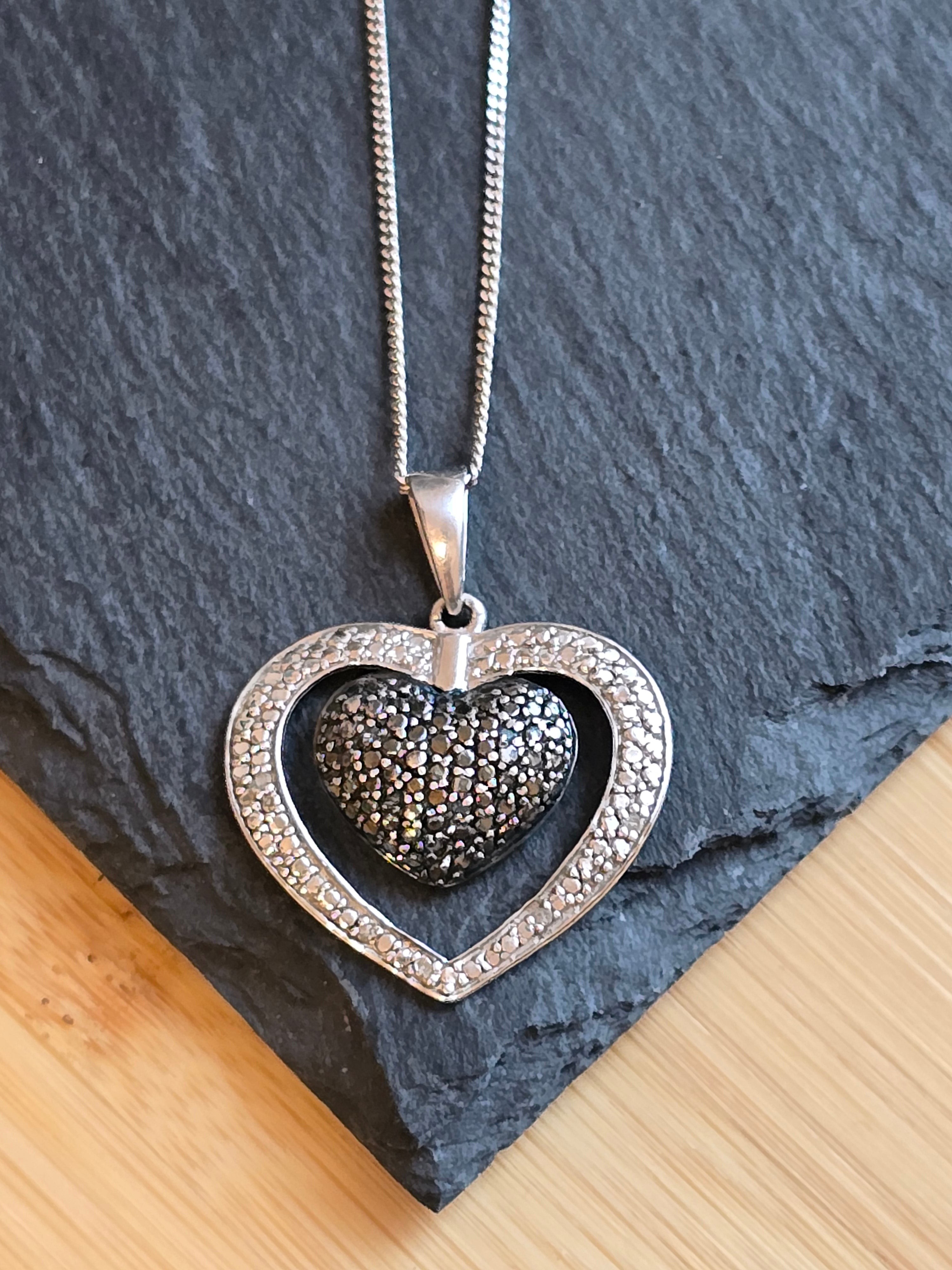 Illusion Blue & White Diamond Double Heart Sterling Silver Necklace