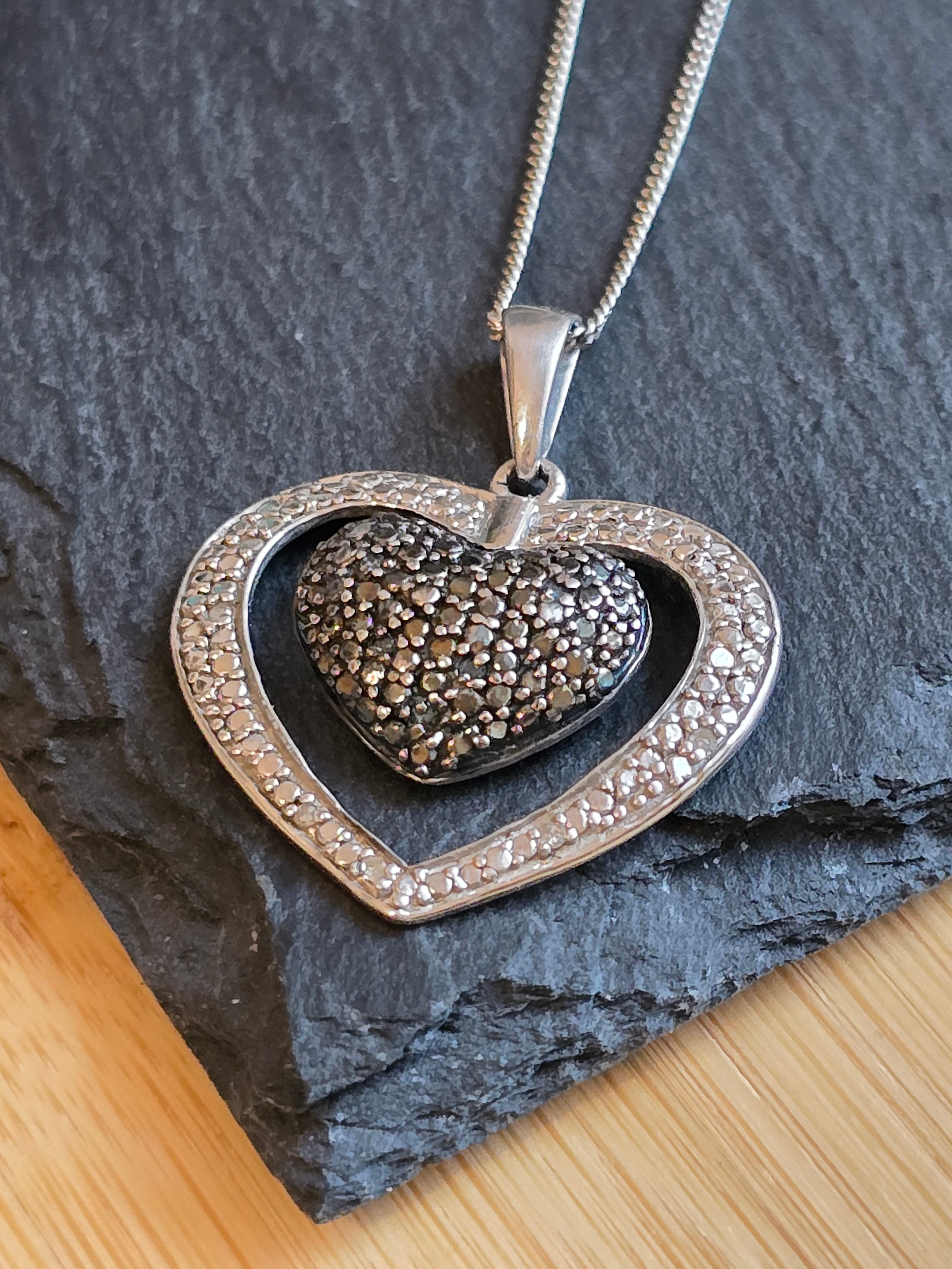 Illusion Blue & White Diamond Double Heart Sterling Silver Necklace