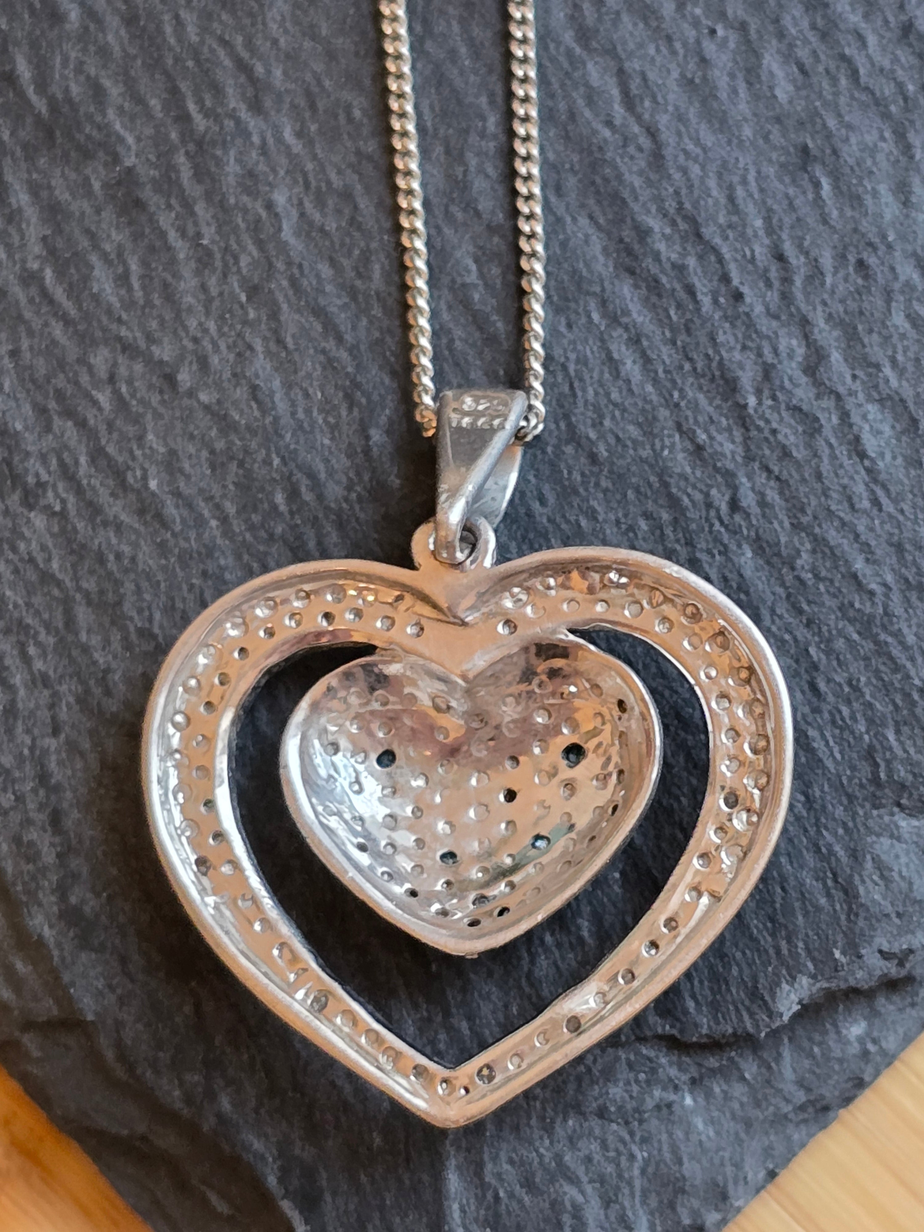 Illusion Blue & White Diamond Double Heart Sterling Silver Necklace