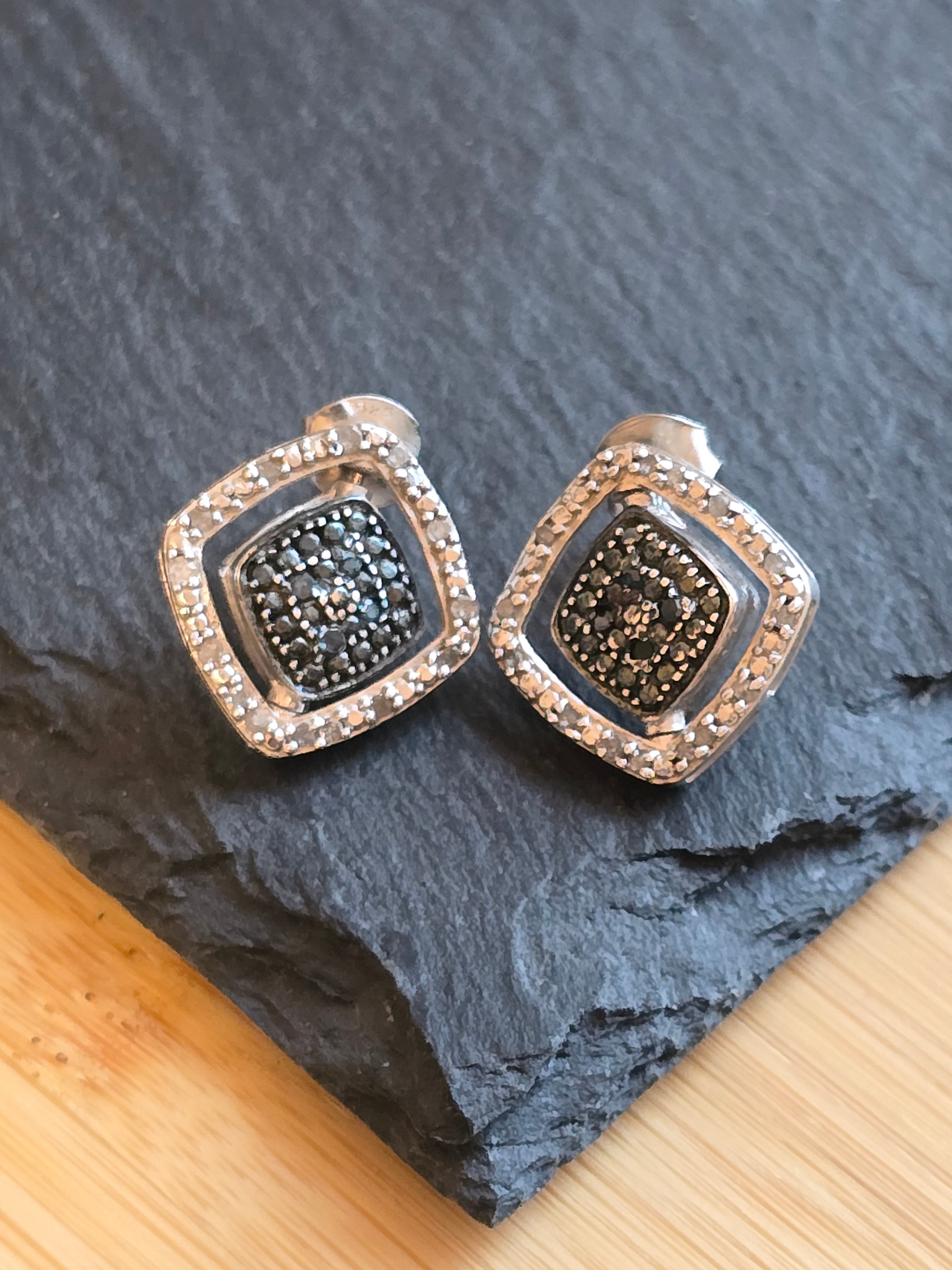 Blue & White Diamond illusion Sterling Silver Earrings