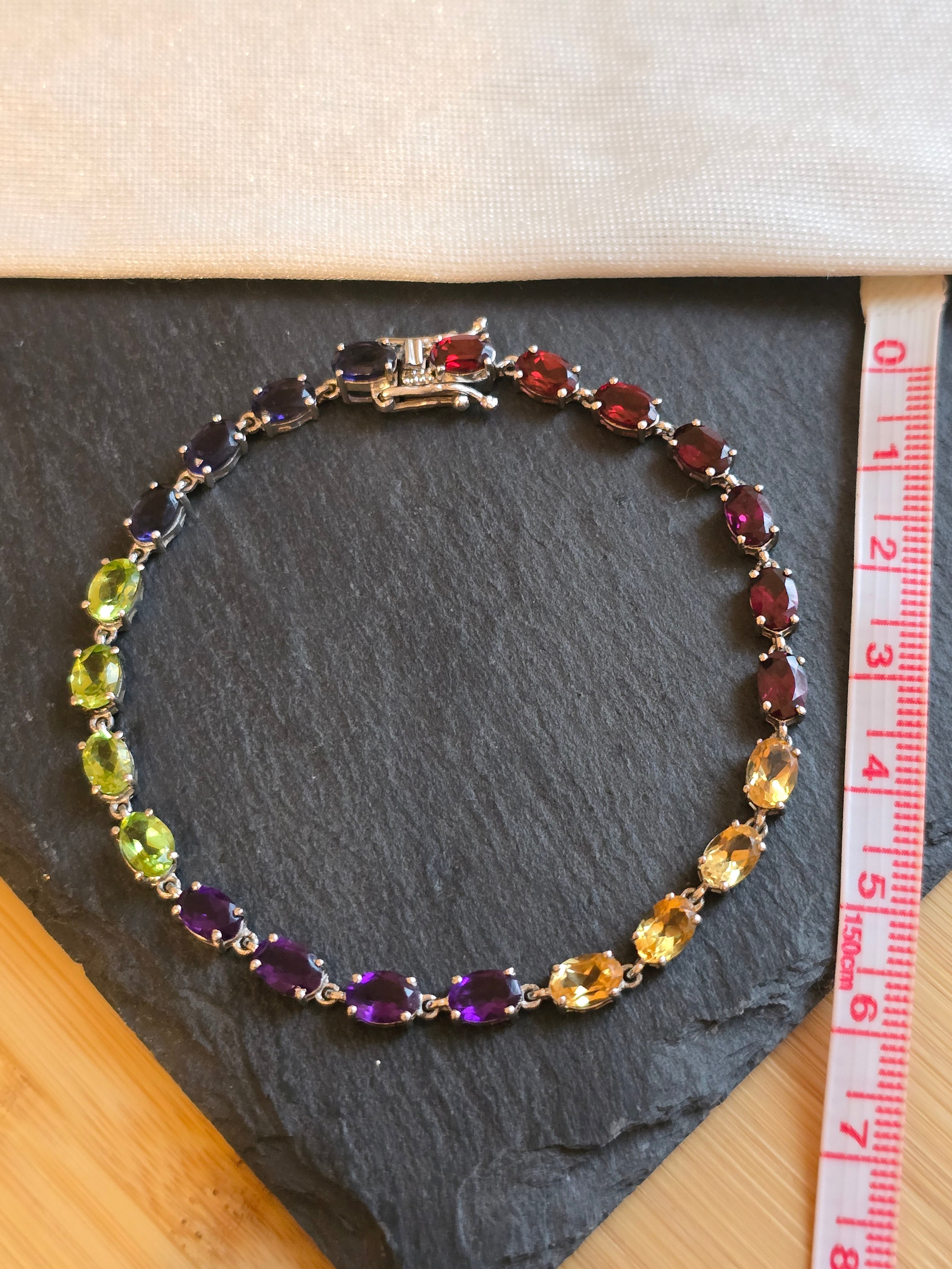 Sterling Silver Muti Gemstone Bracelet Garnet, Citrine, Peridot, Amethyst, Iolite
