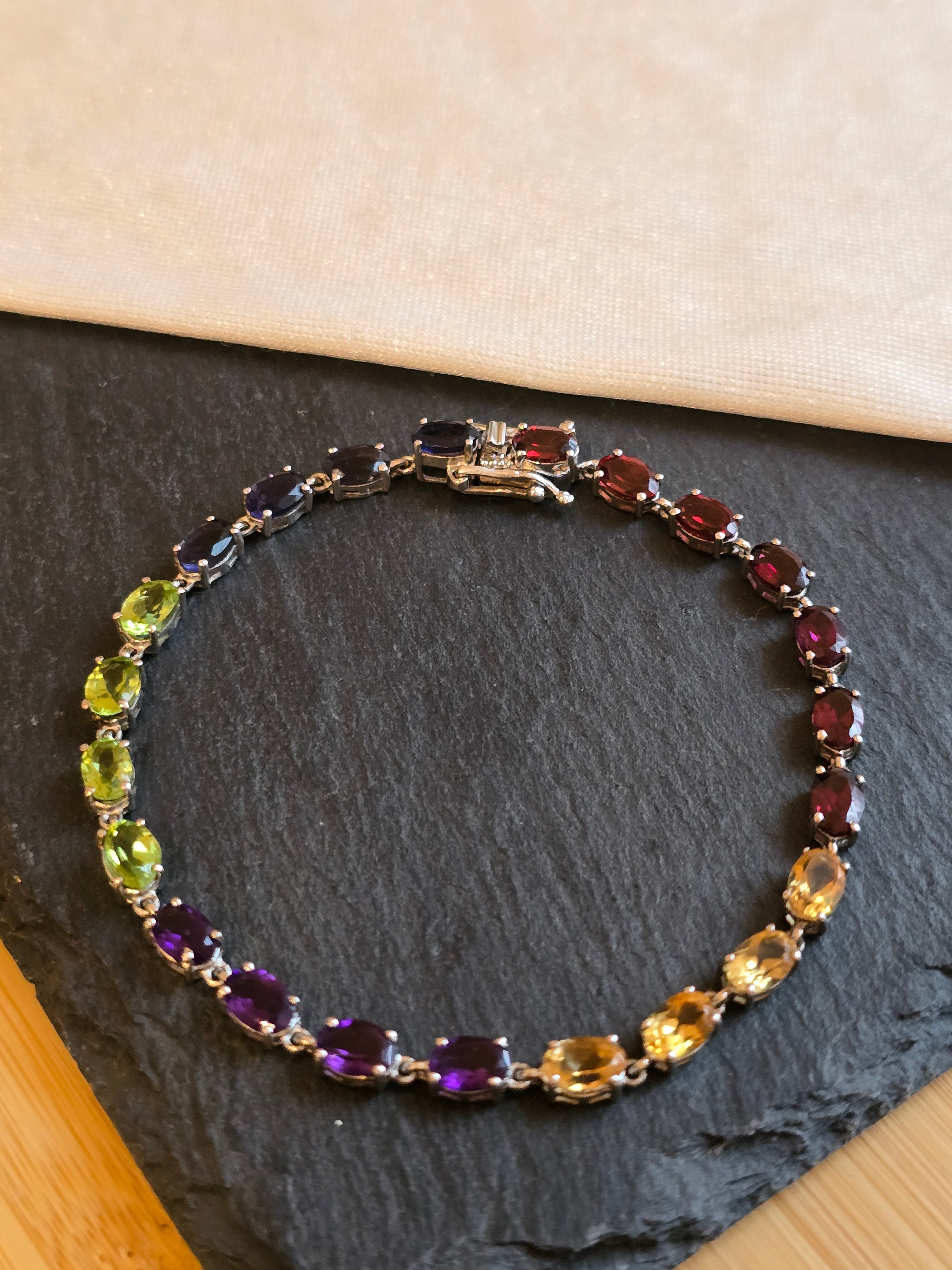 Sterling Silver Muti Gemstone Bracelet Garnet, Citrine, Peridot, Amethyst, Iolite