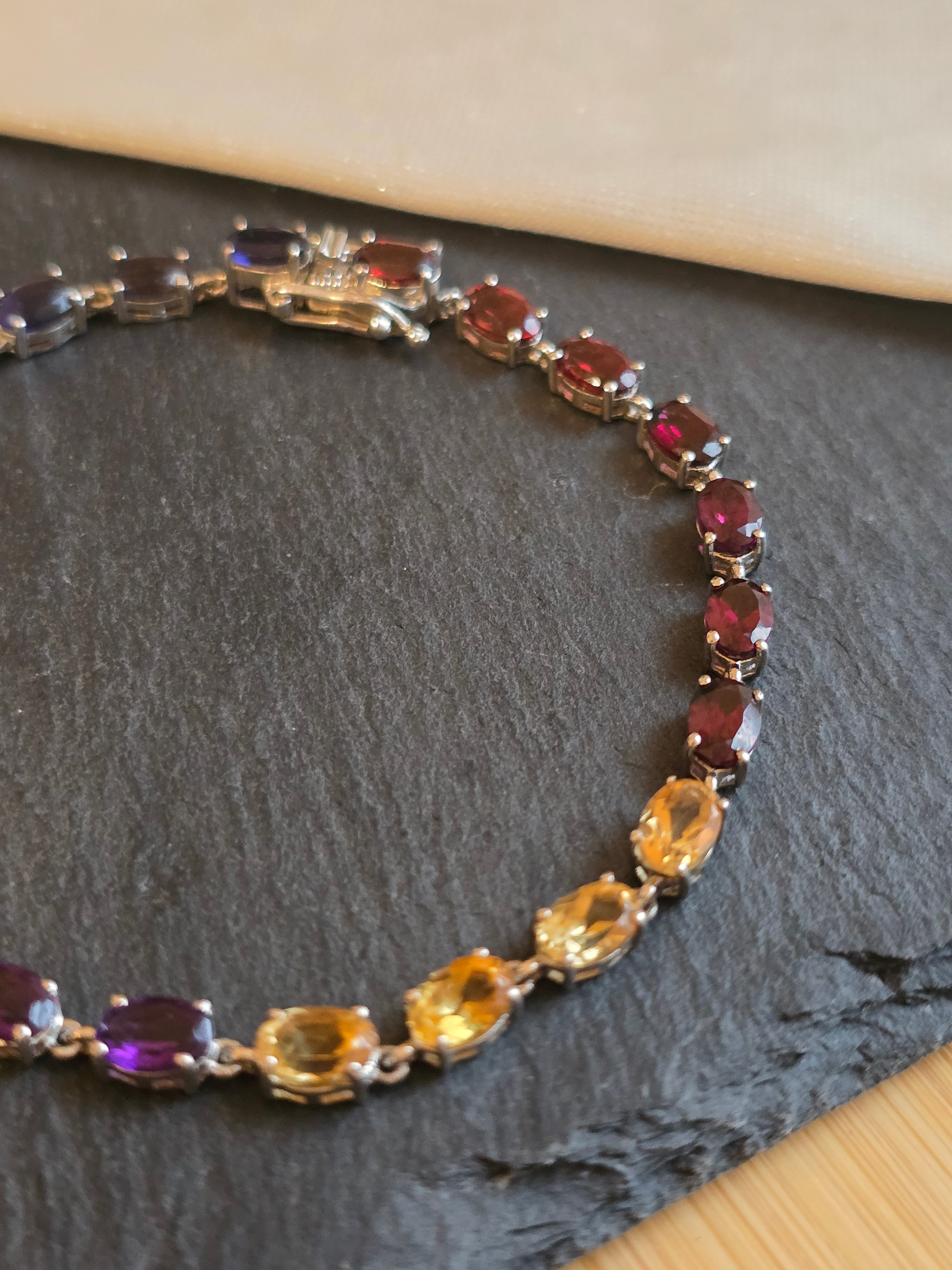 Sterling Silver Muti Gemstone Bracelet Garnet, Citrine, Peridot, Amethyst, Iolite