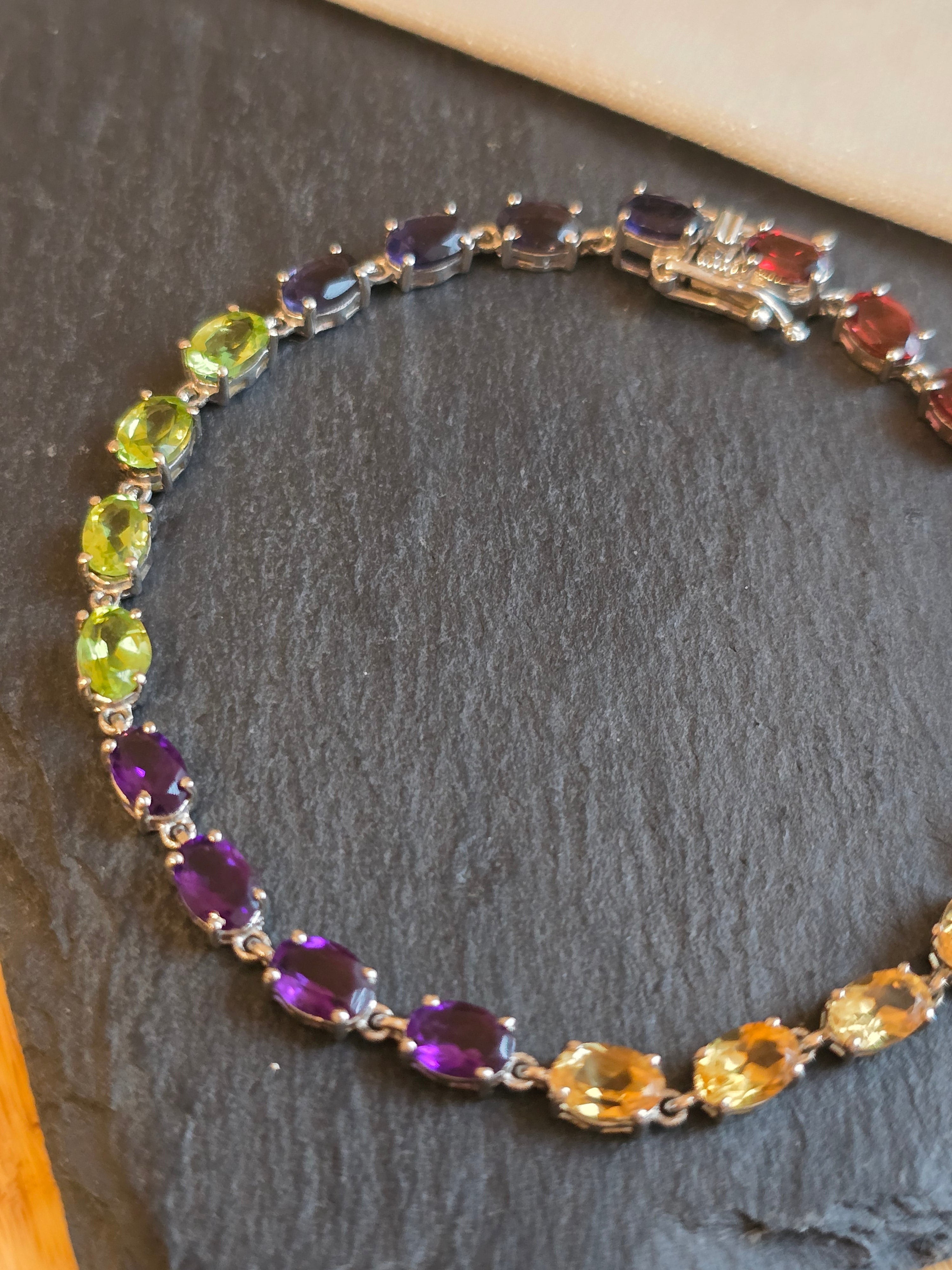 Sterling Silver Muti Gemstone Bracelet Garnet, Citrine, Peridot, Amethyst, Iolite