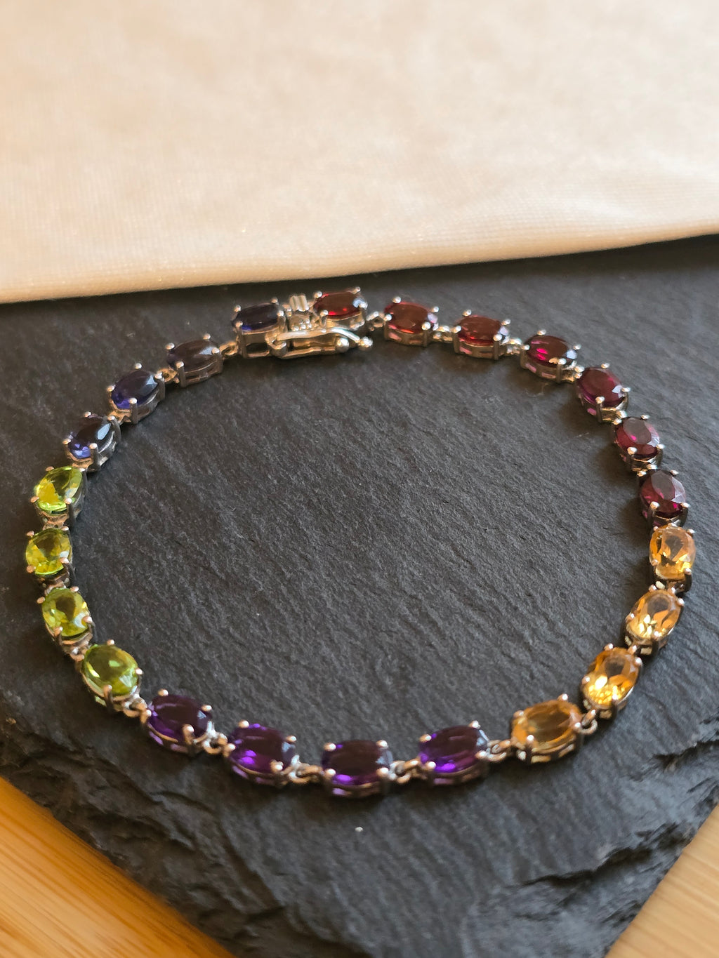 Sterling Silver Muti Gemstone Bracelet Garnet, Citrine, Peridot, Amethyst, Iolite