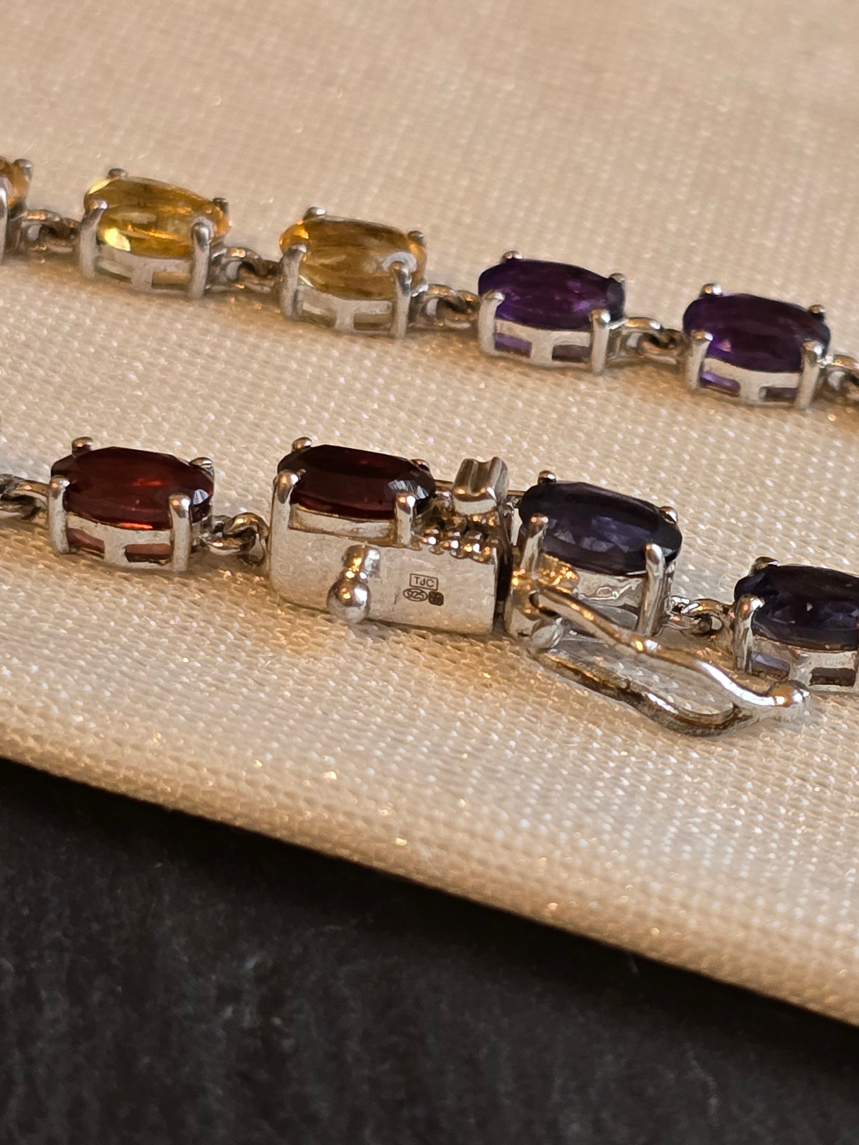 Sterling Silver Muti Gemstone Bracelet Garnet, Citrine, Peridot, Amethyst, Iolite