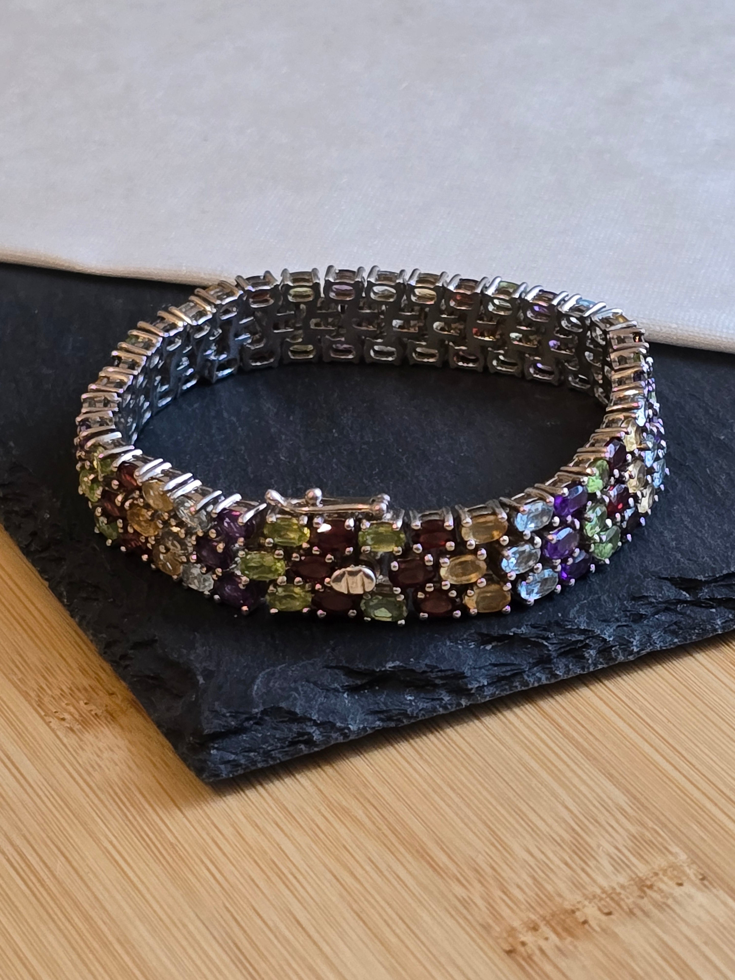 Sterling Silver Three Row Multi Gemstone Tennis Bracelet