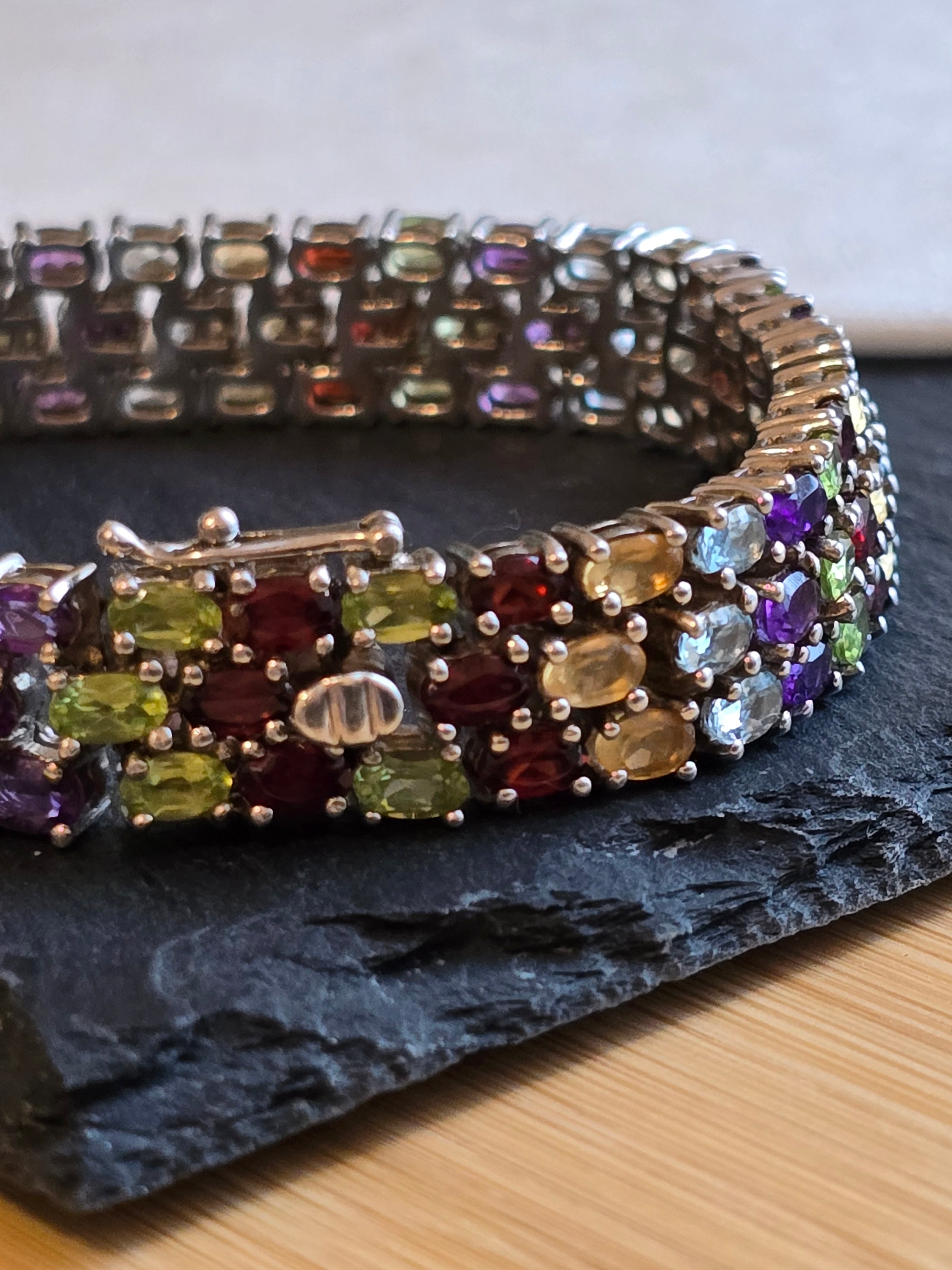 Sterling Silver Three Row Multi Gemstone Tennis Bracelet