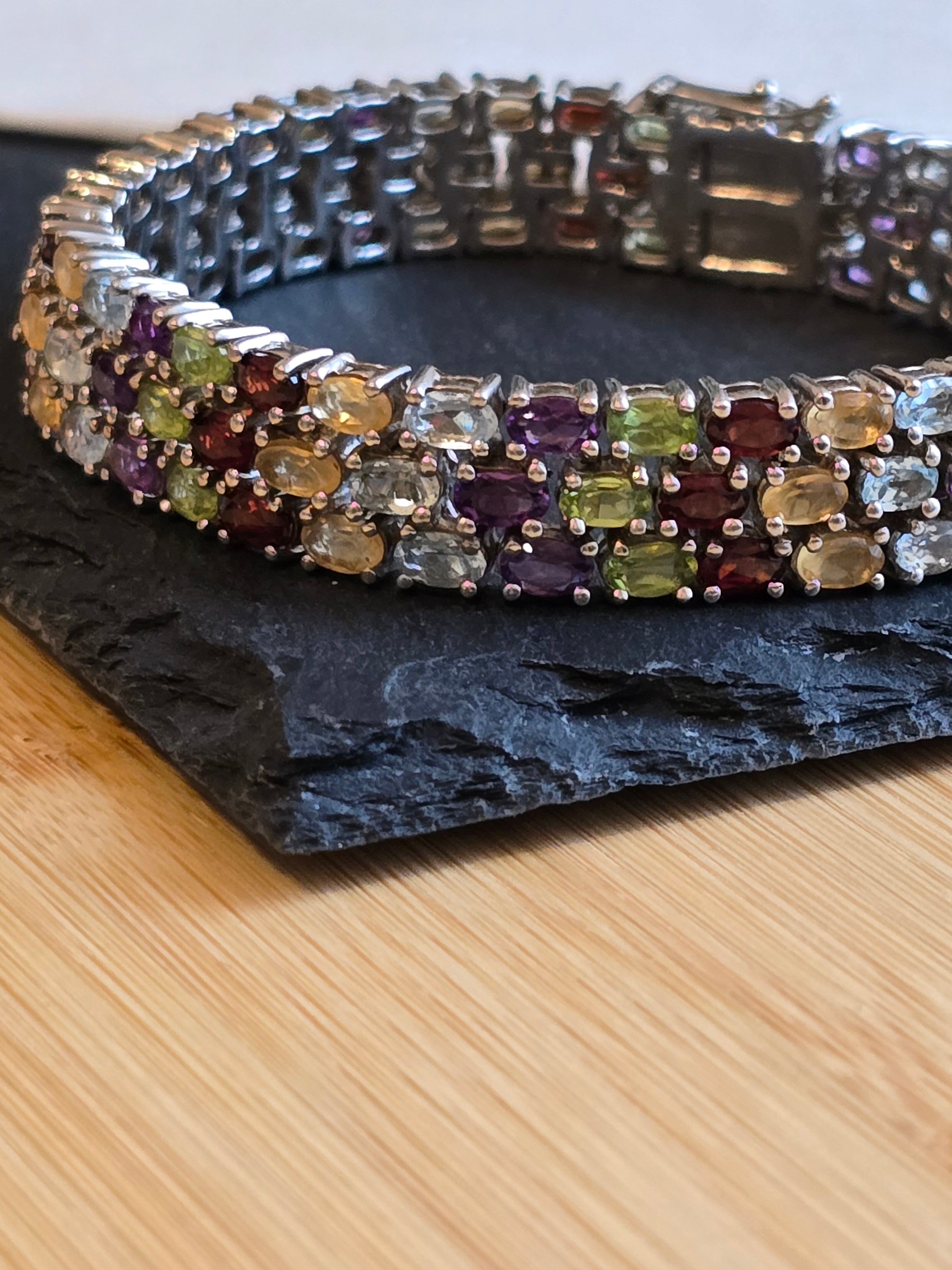 Sterling Silver Three Row Multi Gemstone Tennis Bracelet