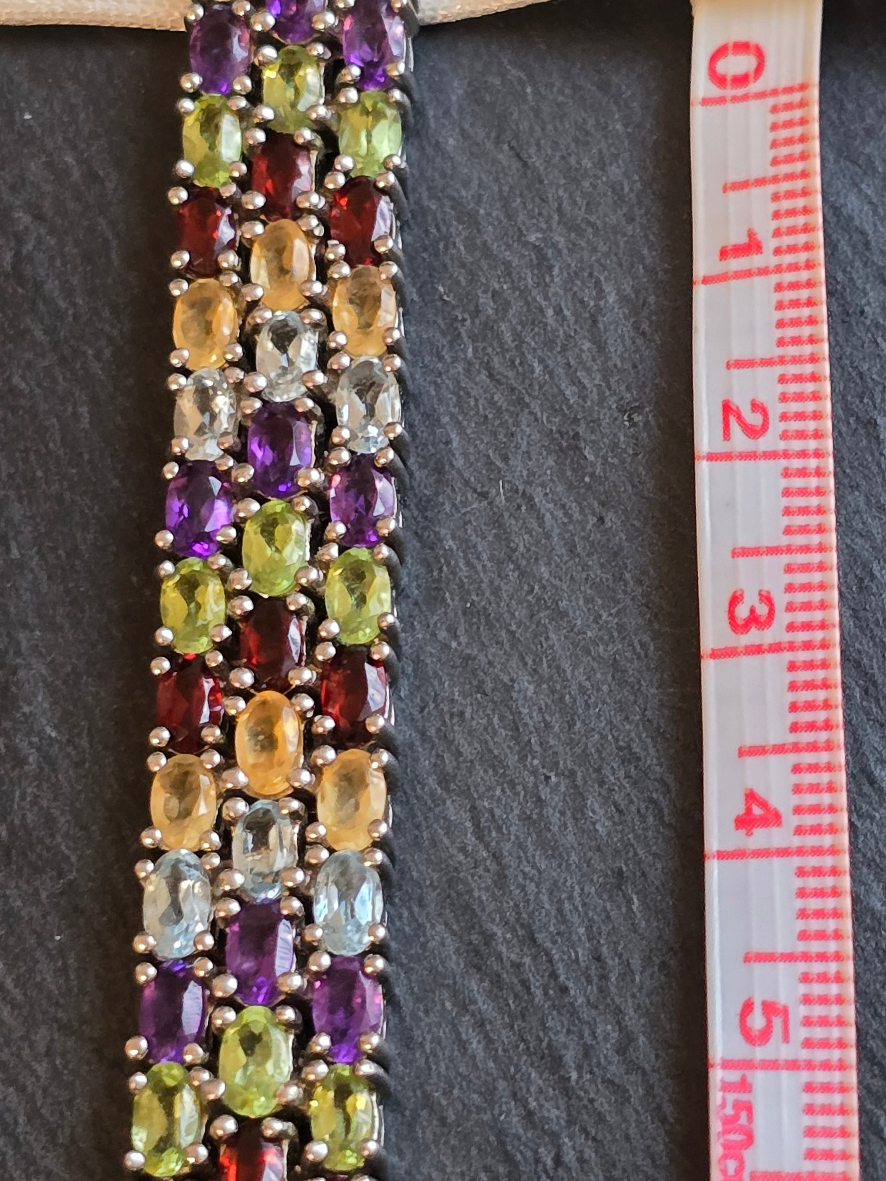 Sterling Silver Three Row Multi Gemstone Tennis Bracelet