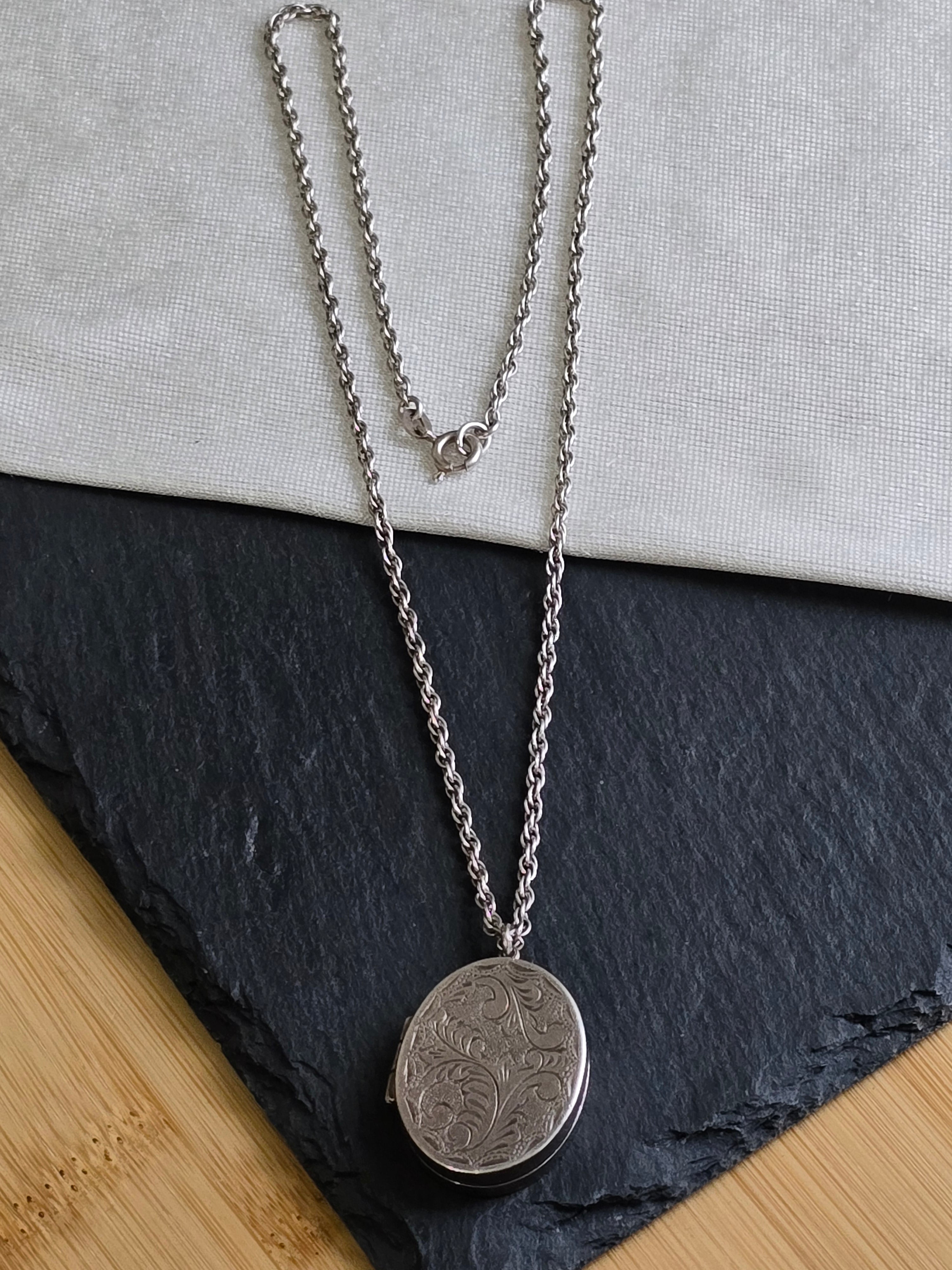 Sterling Silver Etched Design Vintage Pill Box Locket Necklace, Vintage Jewellery