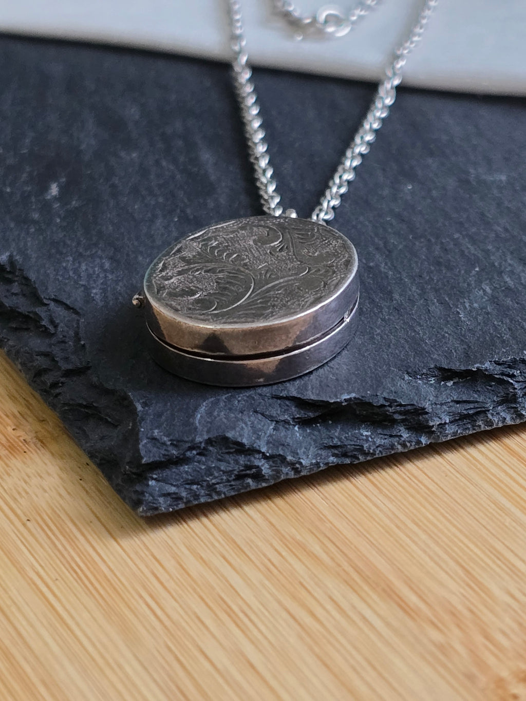 Sterling Silver Etched Design Vintage Pill Box Locket Necklace, Vintage Jewellery