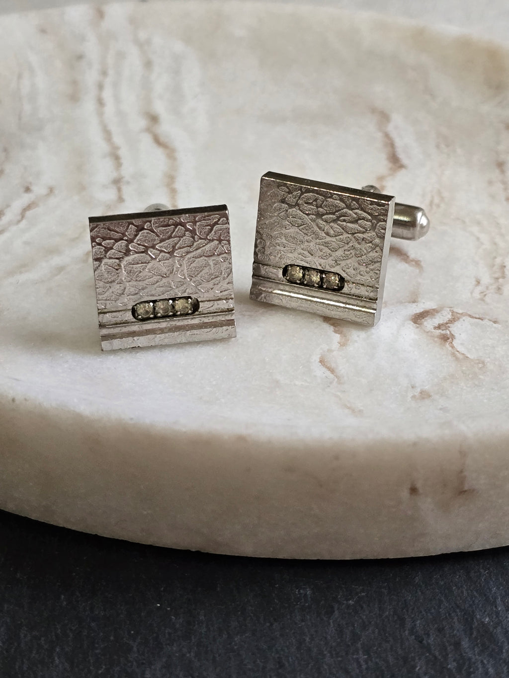 Vintage Silver Tone Textured & Rhinestone Cuff Links, Vintage Jewellery