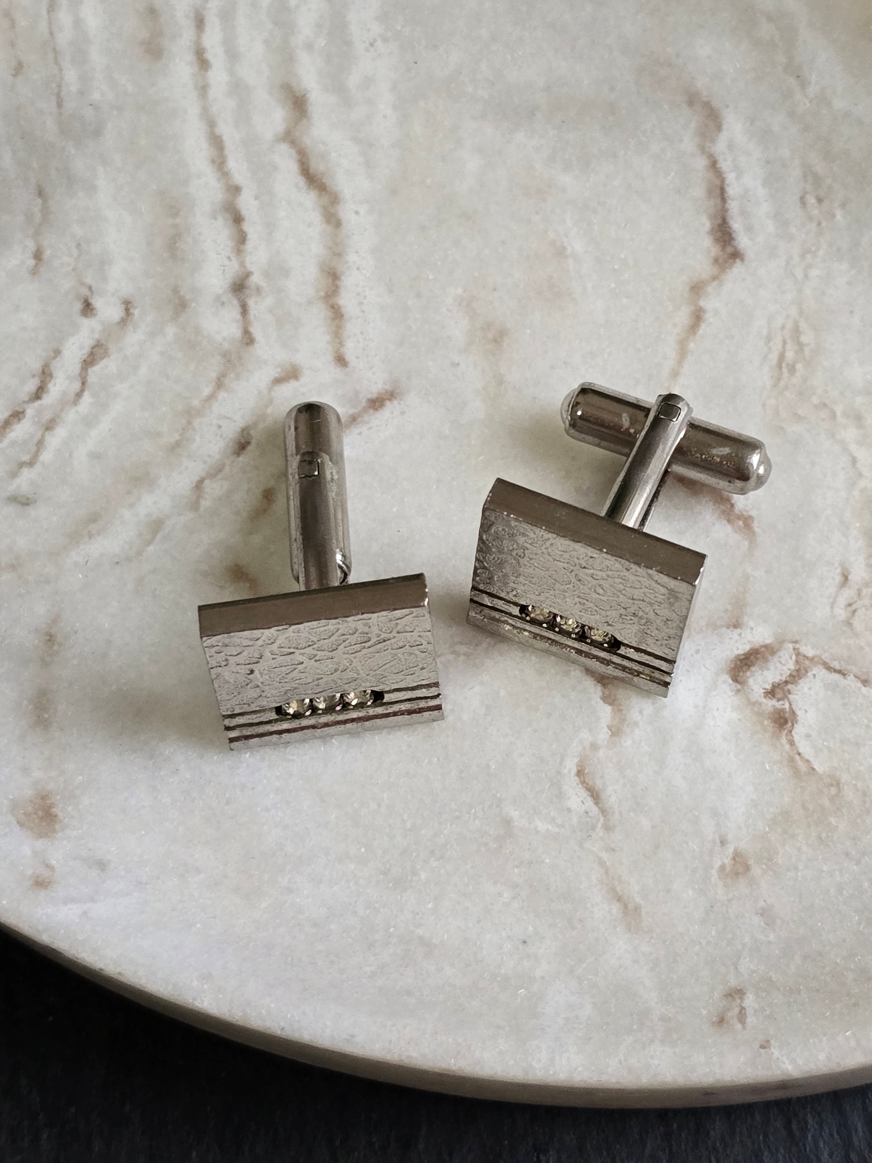 Vintage Silver Tone Textured & Rhinestone Cuff Links, Vintage Jewellery