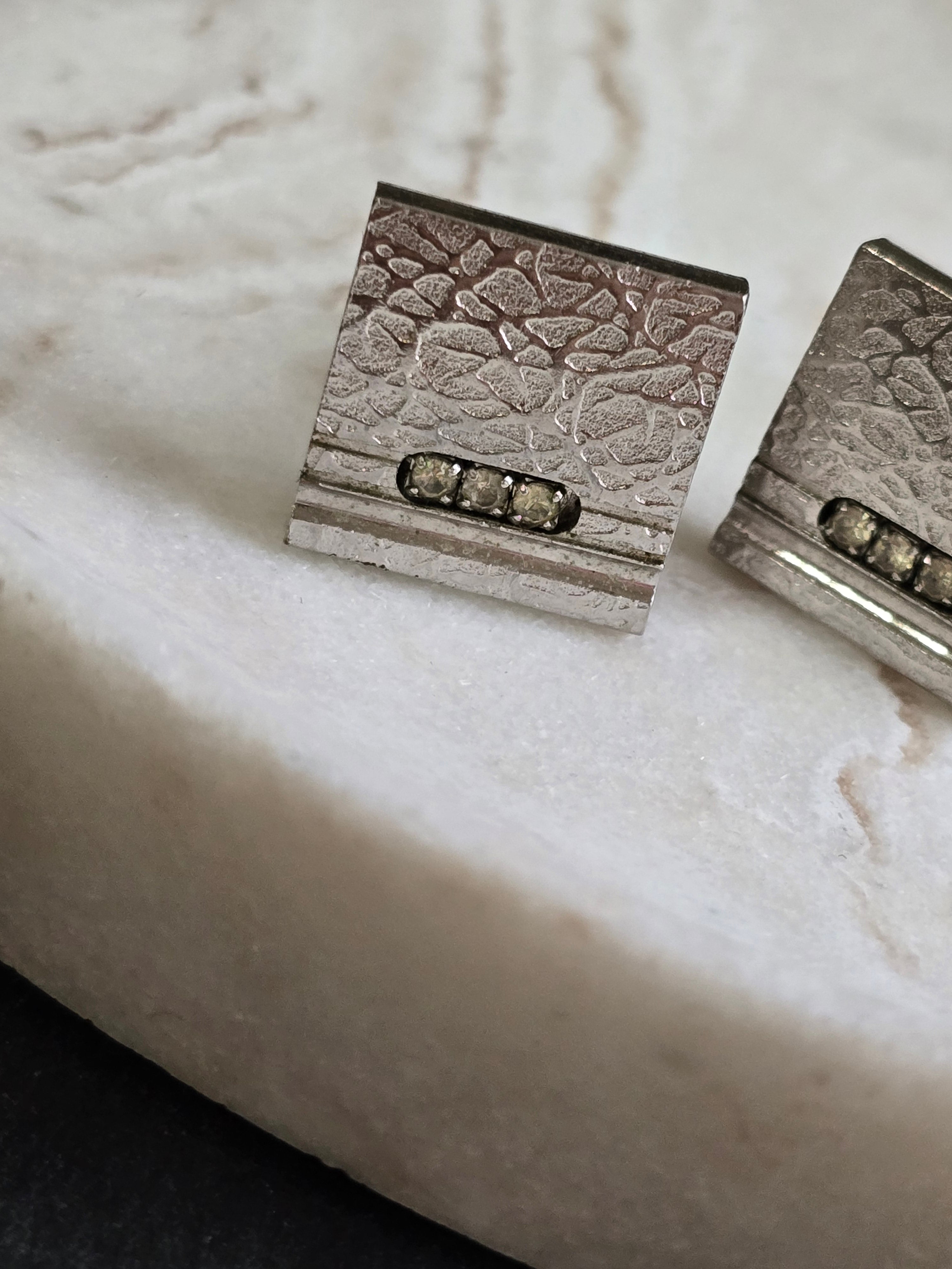 Vintage Silver Tone Textured & Rhinestone Cuff Links, Vintage Jewellery