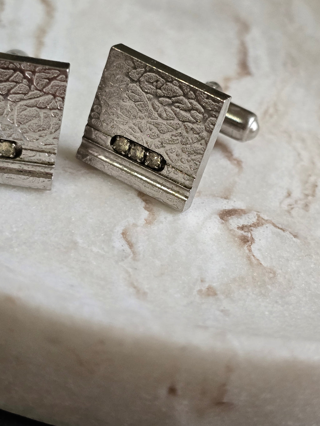 Vintage Silver Tone Textured & Rhinestone Cuff Links, Vintage Jewellery