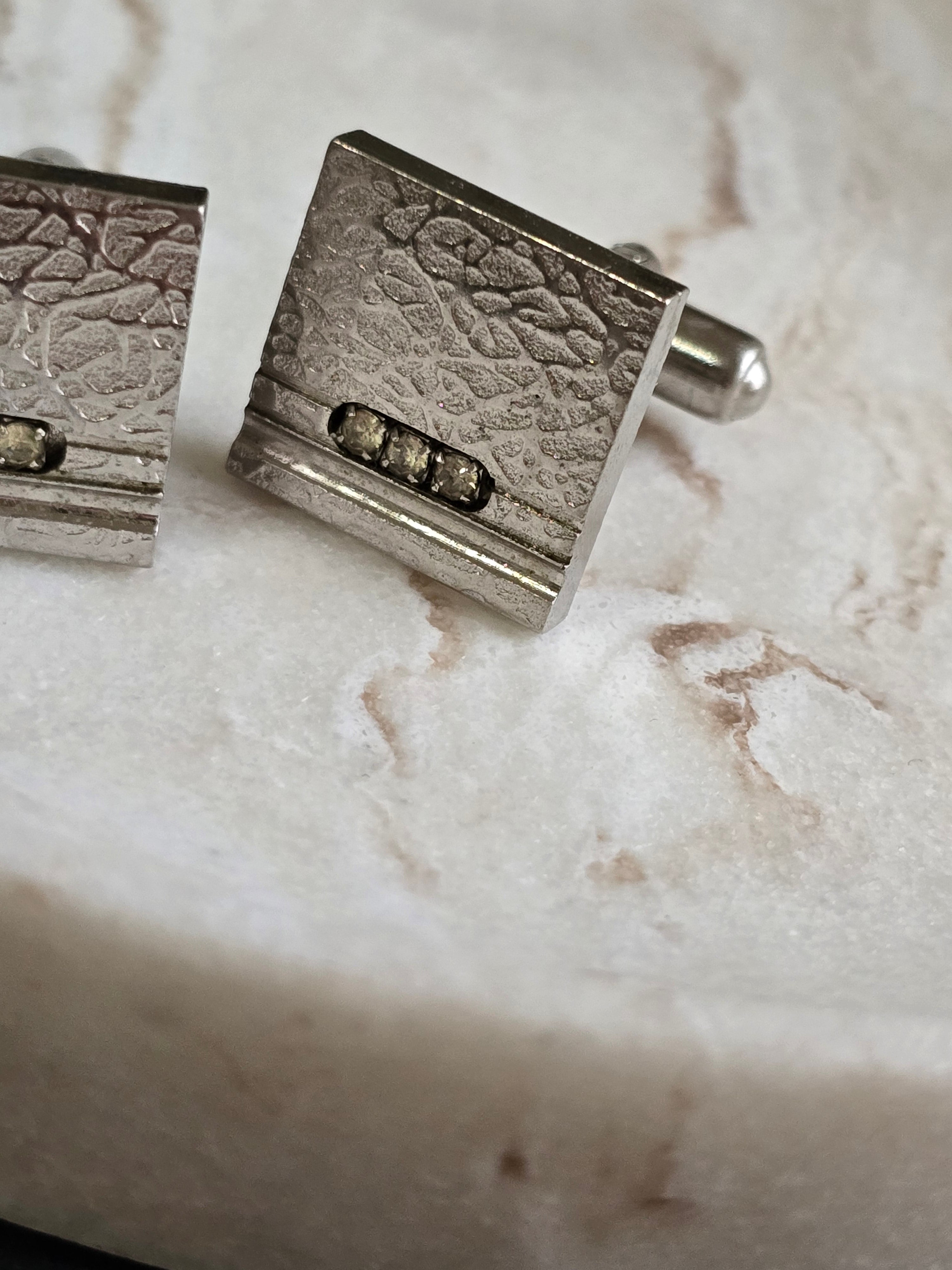 Vintage Silver Tone Textured & Rhinestone Cuff Links, Vintage Jewellery