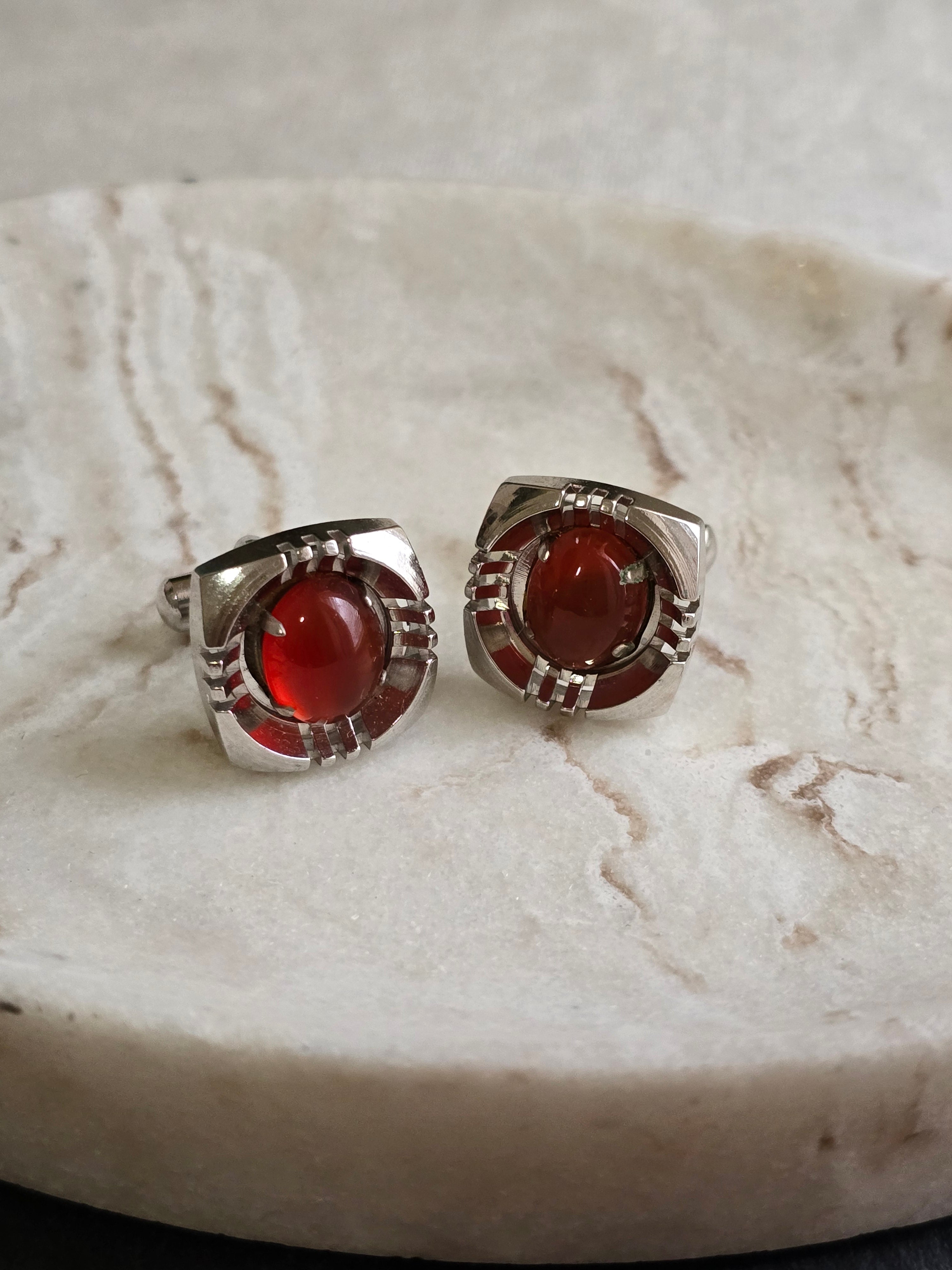 Vintage Carnelian Cabochon Gemstone Silver Tone Cufflinks, Vintage Jewellery