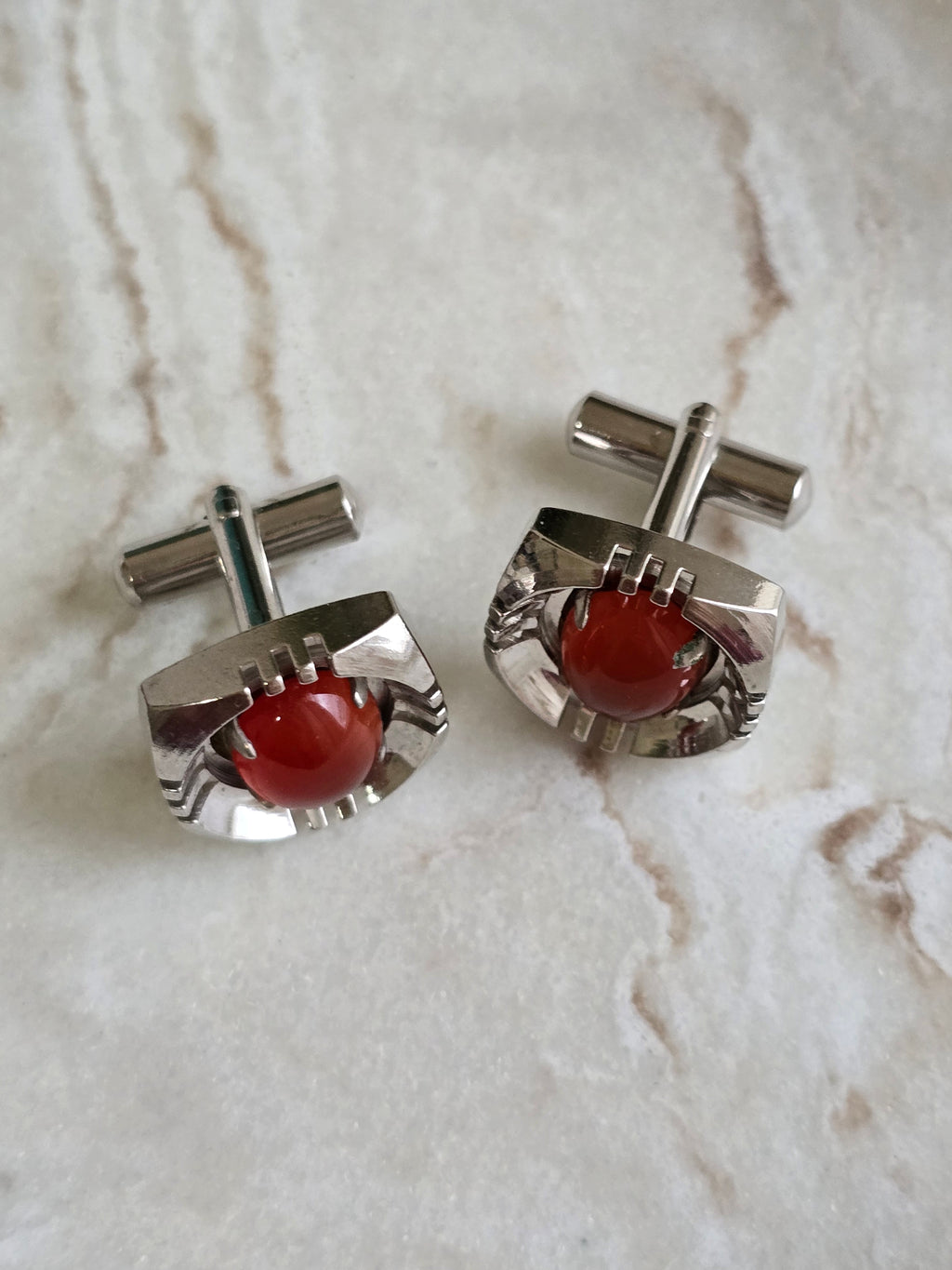 Vintage Carnelian Cabochon Gemstone Silver Tone Cufflinks, Vintage Jewellery