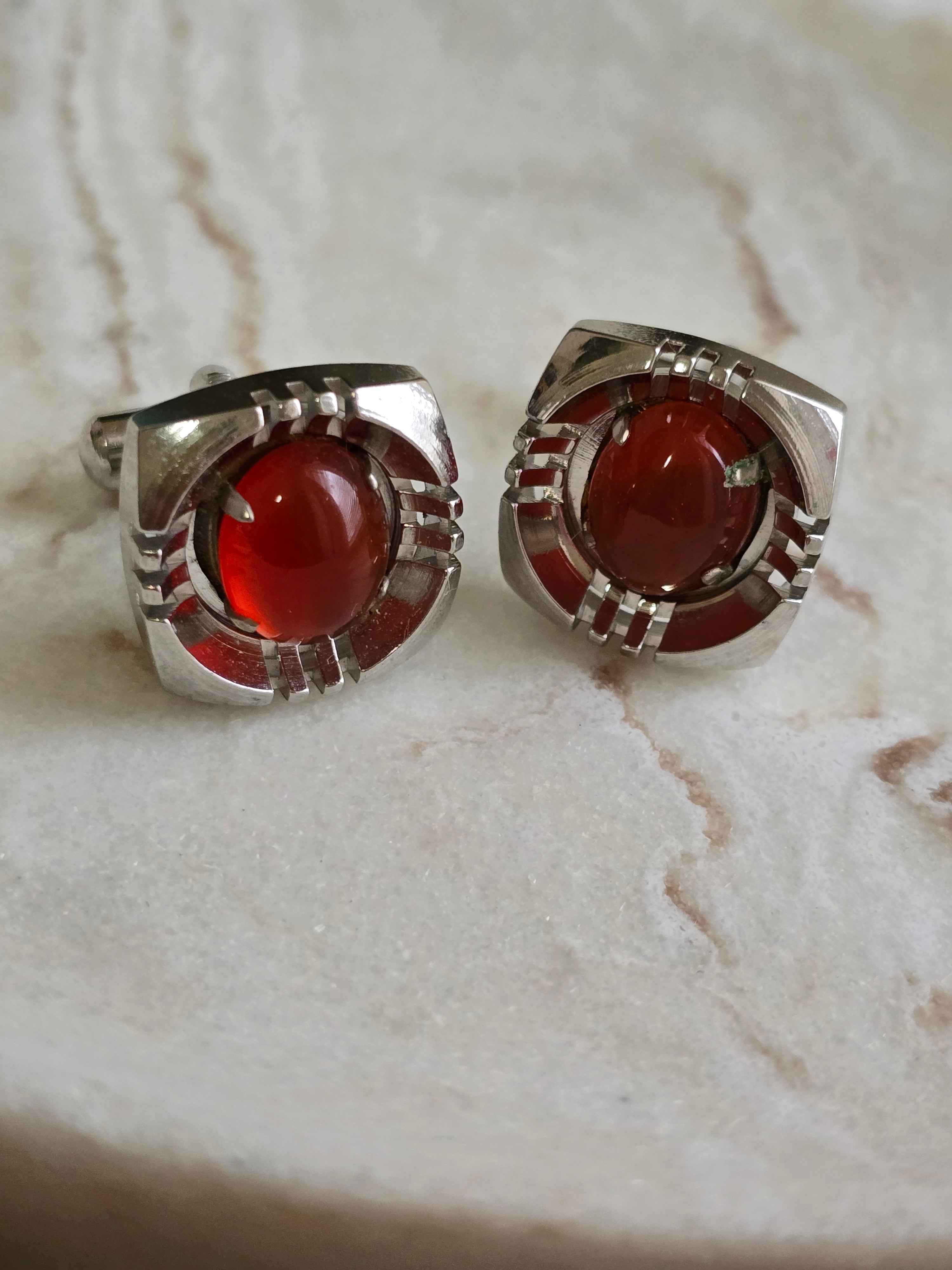 Vintage Carnelian Cabochon Gemstone Silver Tone Cufflinks, Vintage Jewellery