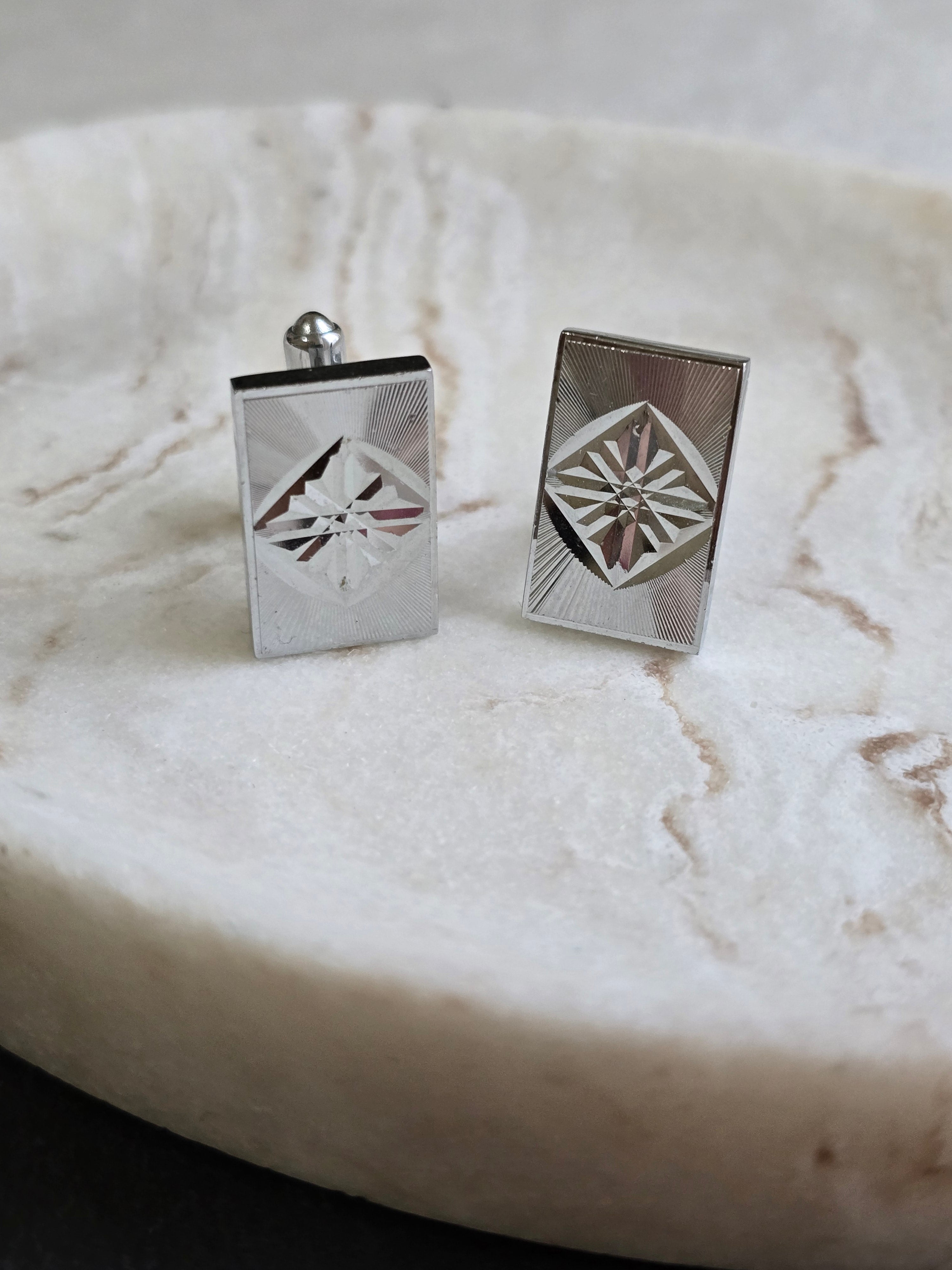 Vintage Silver Tone Textured Diamond Star Cufflinks, Men's Accessories, Jewellery