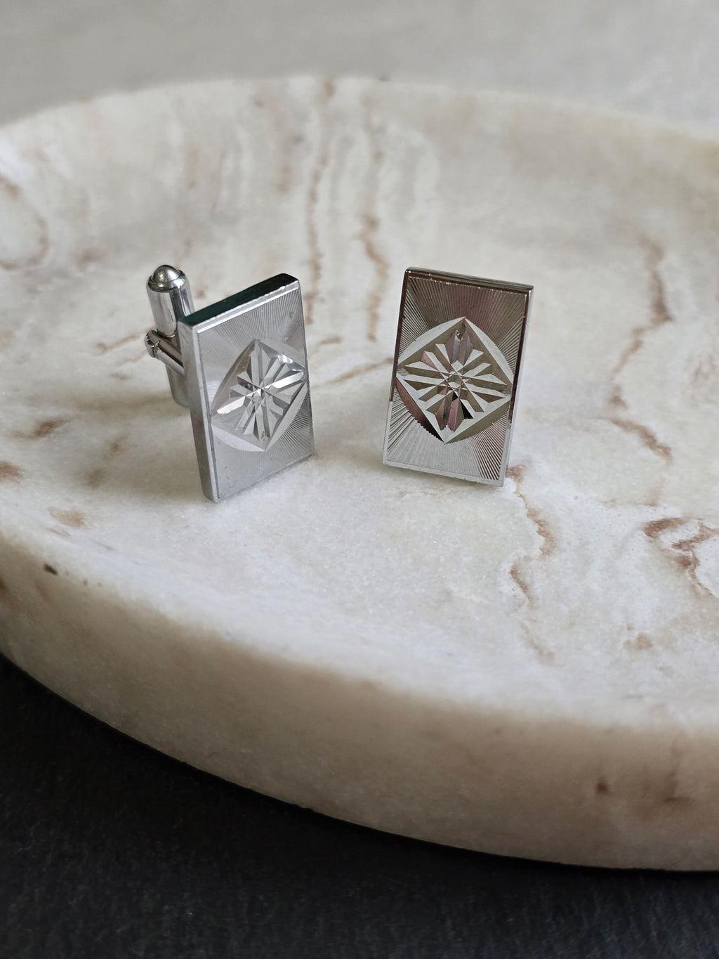 Vintage Silver Tone Textured Diamond Star Cufflinks, Men's Accessories, Jewellery