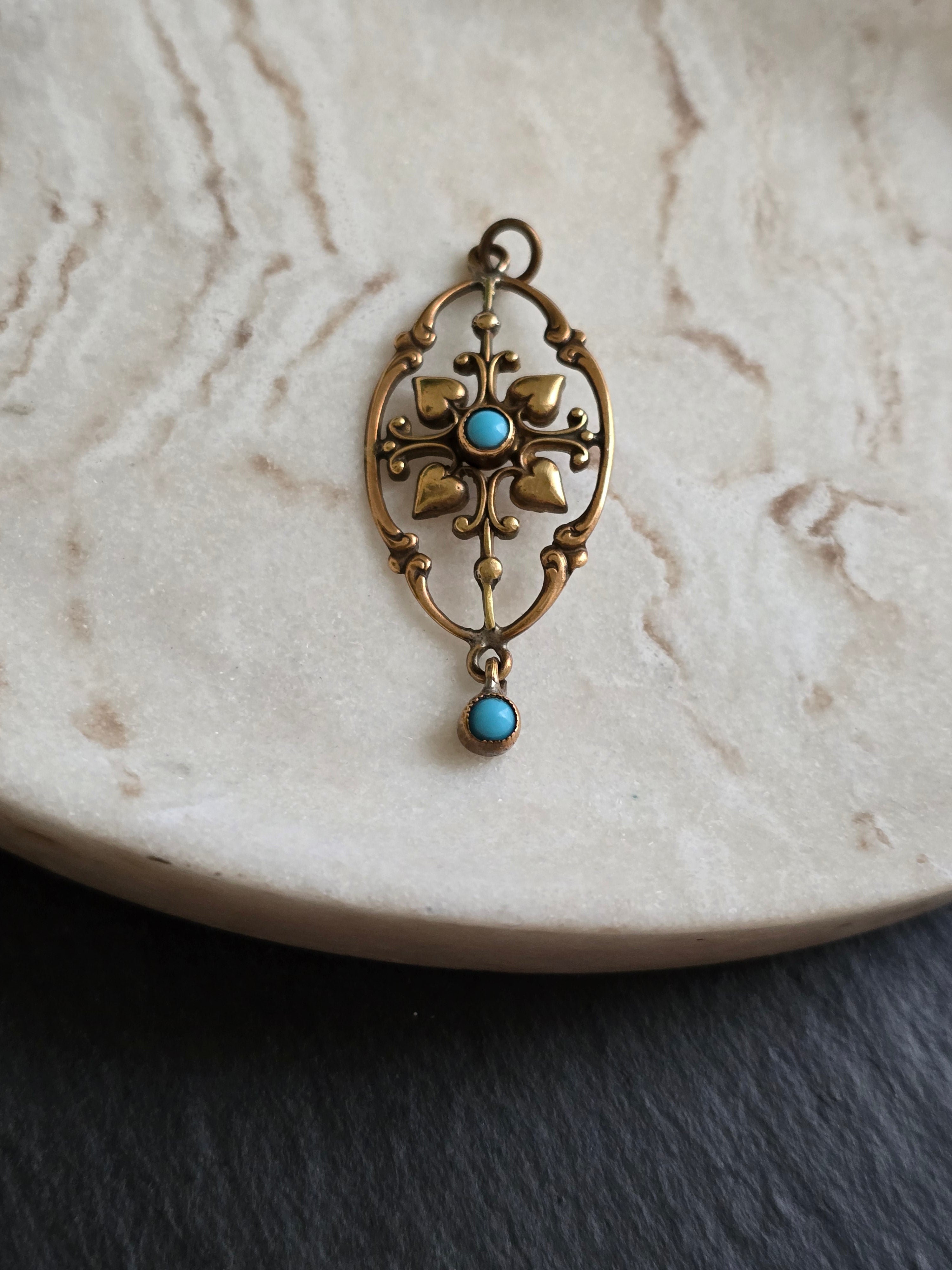 Antique Rolled Gold Turquoise Hearts Design Pendant Only, Antique Jewellery