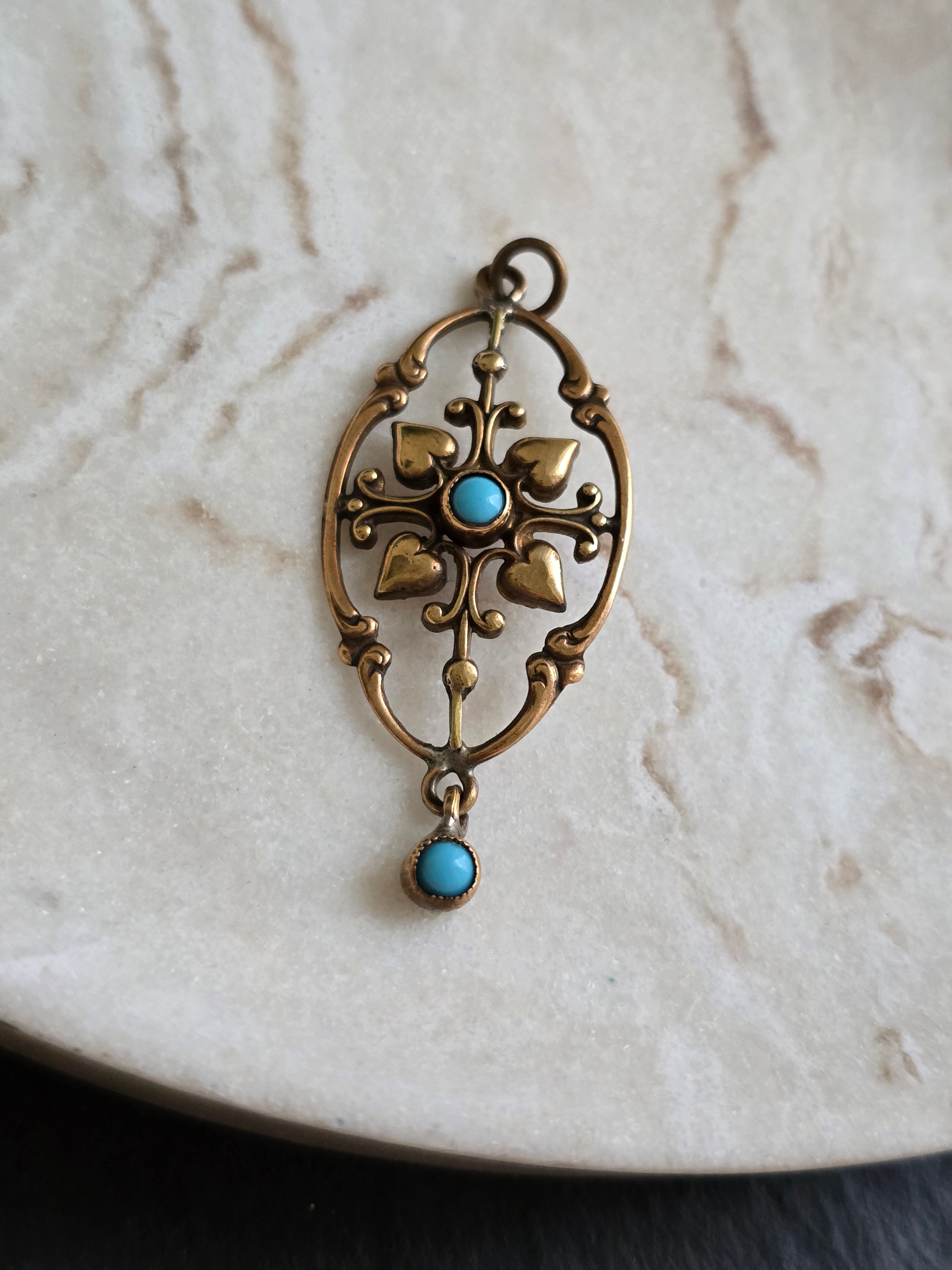 Antique Rolled Gold Turquoise Hearts Design Pendant Only, Antique Jewellery