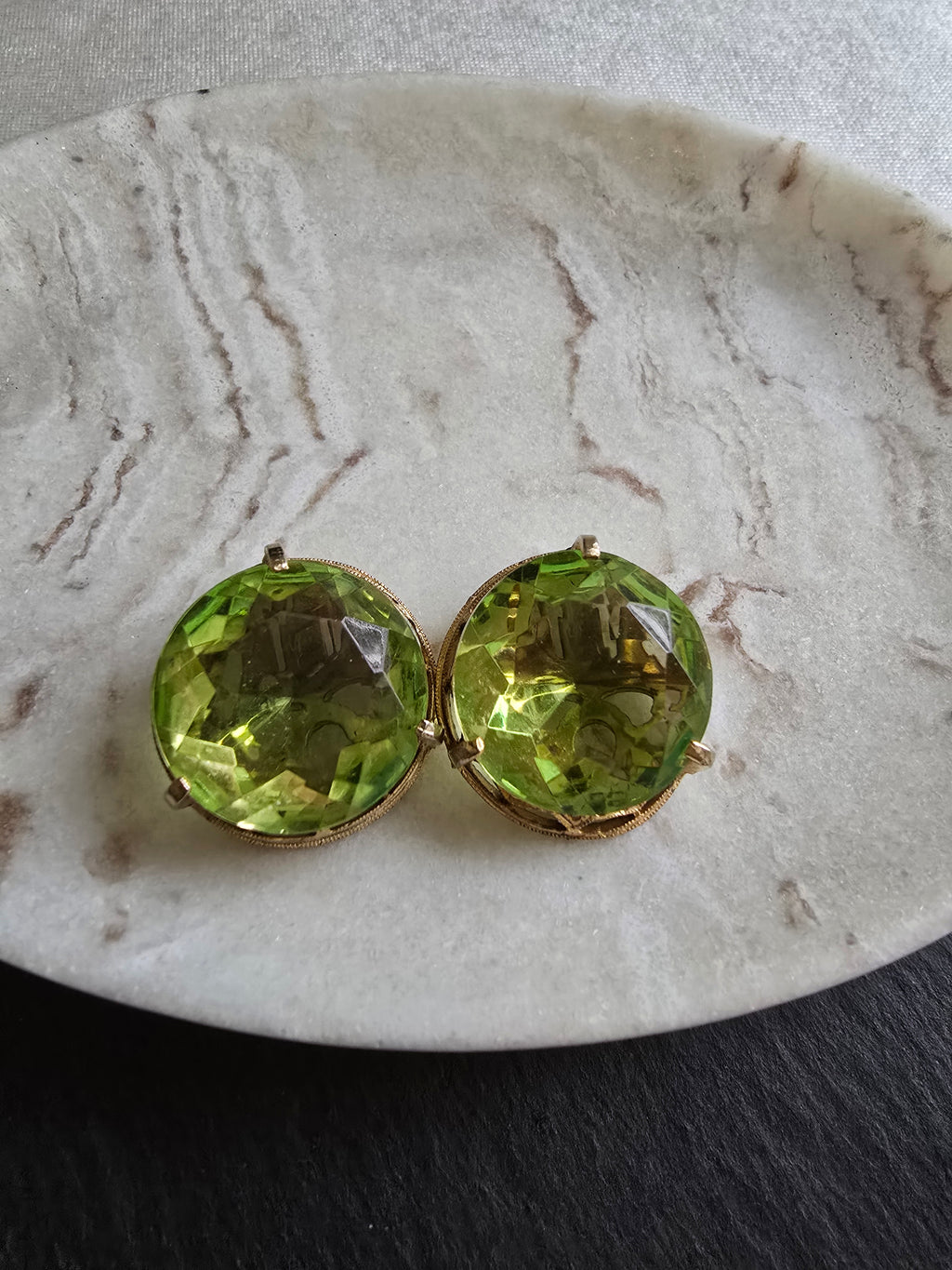 Vintage Green Round Faceted Glass Ornate Detailed Rim Gold Plated Clip On Earrings 60s
