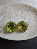 Vintage Green Round Faceted Glass Ornate Detailed Rim Gold Plated Clip On Earrings 60s