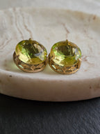 Vintage Green Round Faceted Glass Ornate Detailed Rim Gold Plated Clip On Earrings 60s