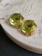 Vintage Green Round Faceted Glass Ornate Detailed Rim Gold Plated Clip On Earrings 60s