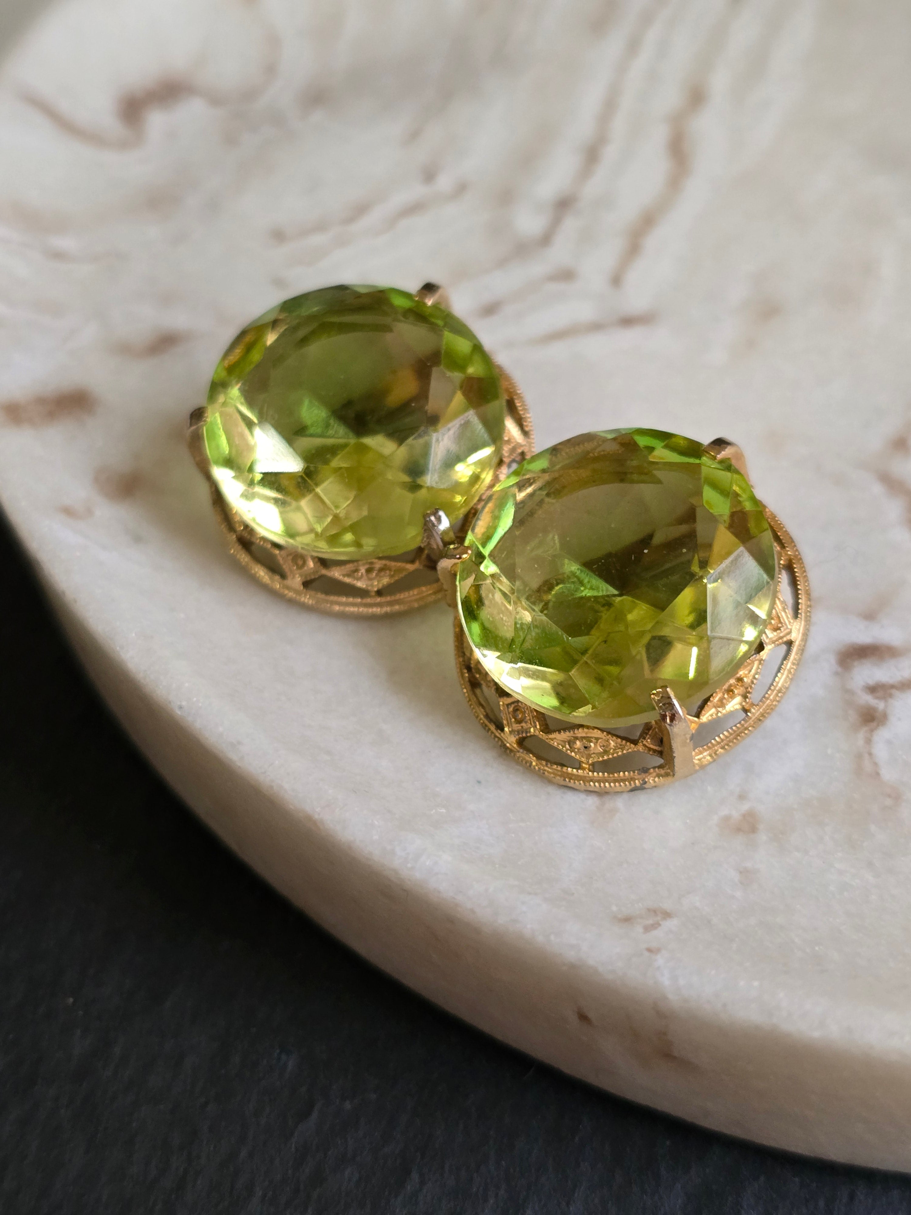 Vintage Green Round Faceted Glass Ornate Detailed Rim Gold Plated Clip On Earrings 60s