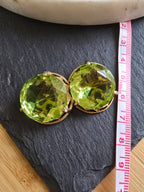 Vintage Green Round Faceted Glass Ornate Detailed Rim Gold Plated Clip On Earrings 60s