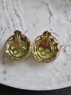 Vintage Green Round Faceted Glass Ornate Detailed Rim Gold Plated Clip On Earrings 60s
