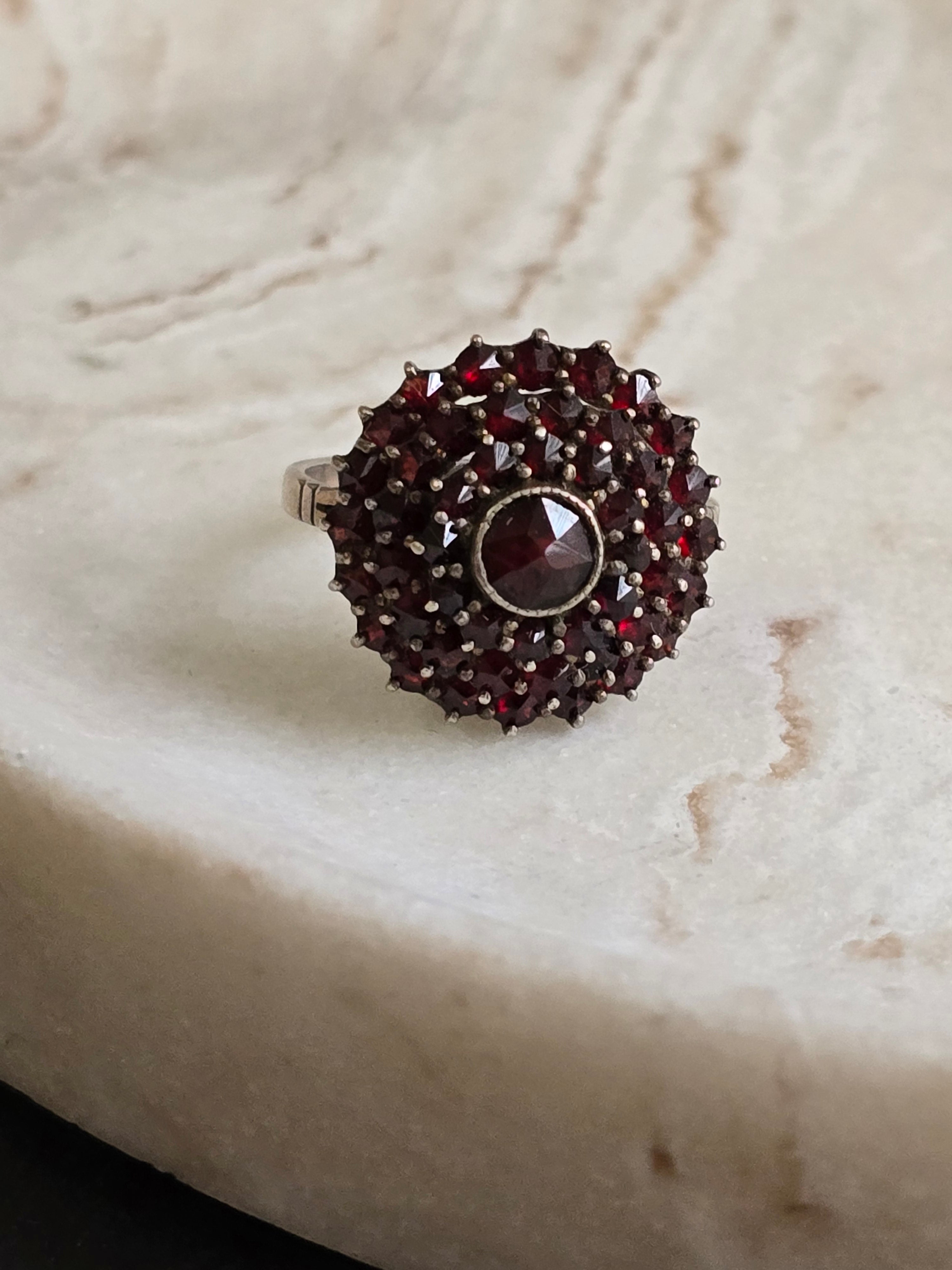 Antique Cluster Bohemian Garnet Silver Ring, Antique Jewellery