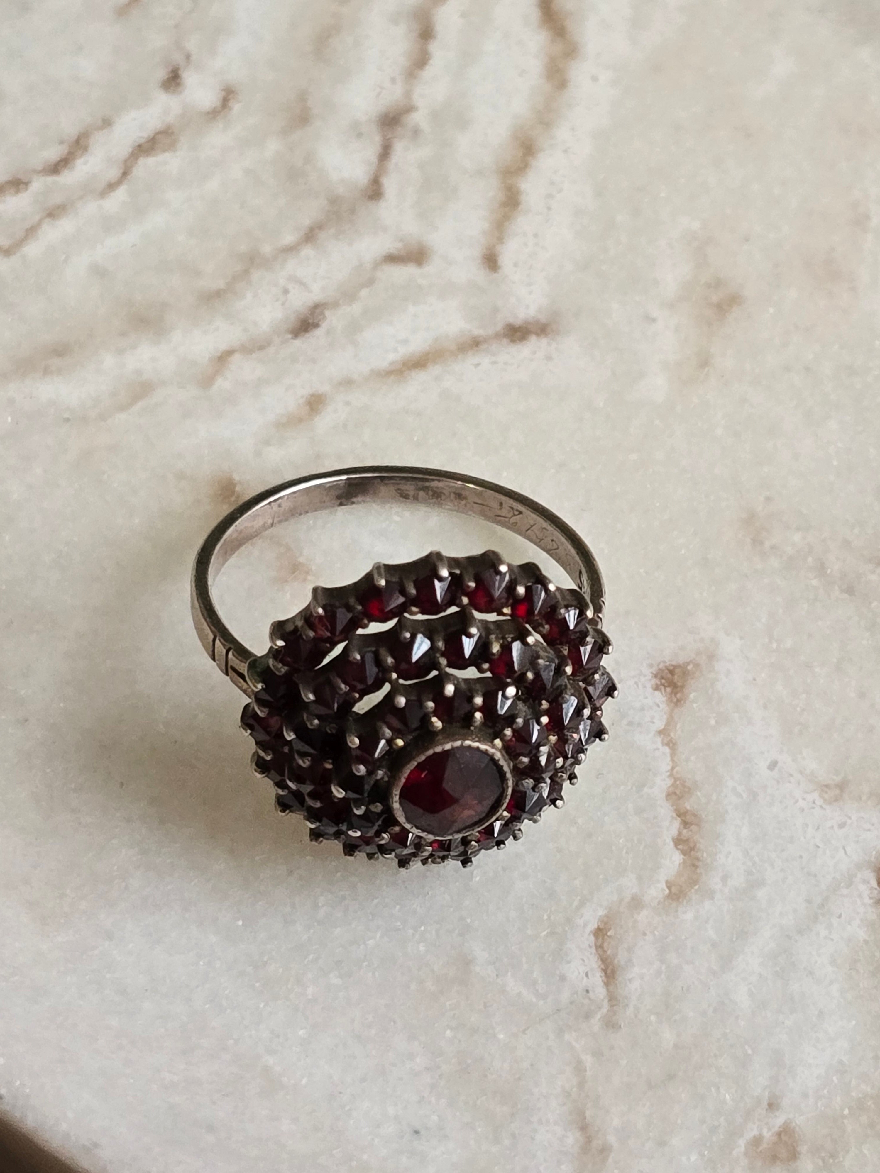 Antique Cluster Bohemian Garnet Silver Ring, Antique Jewellery