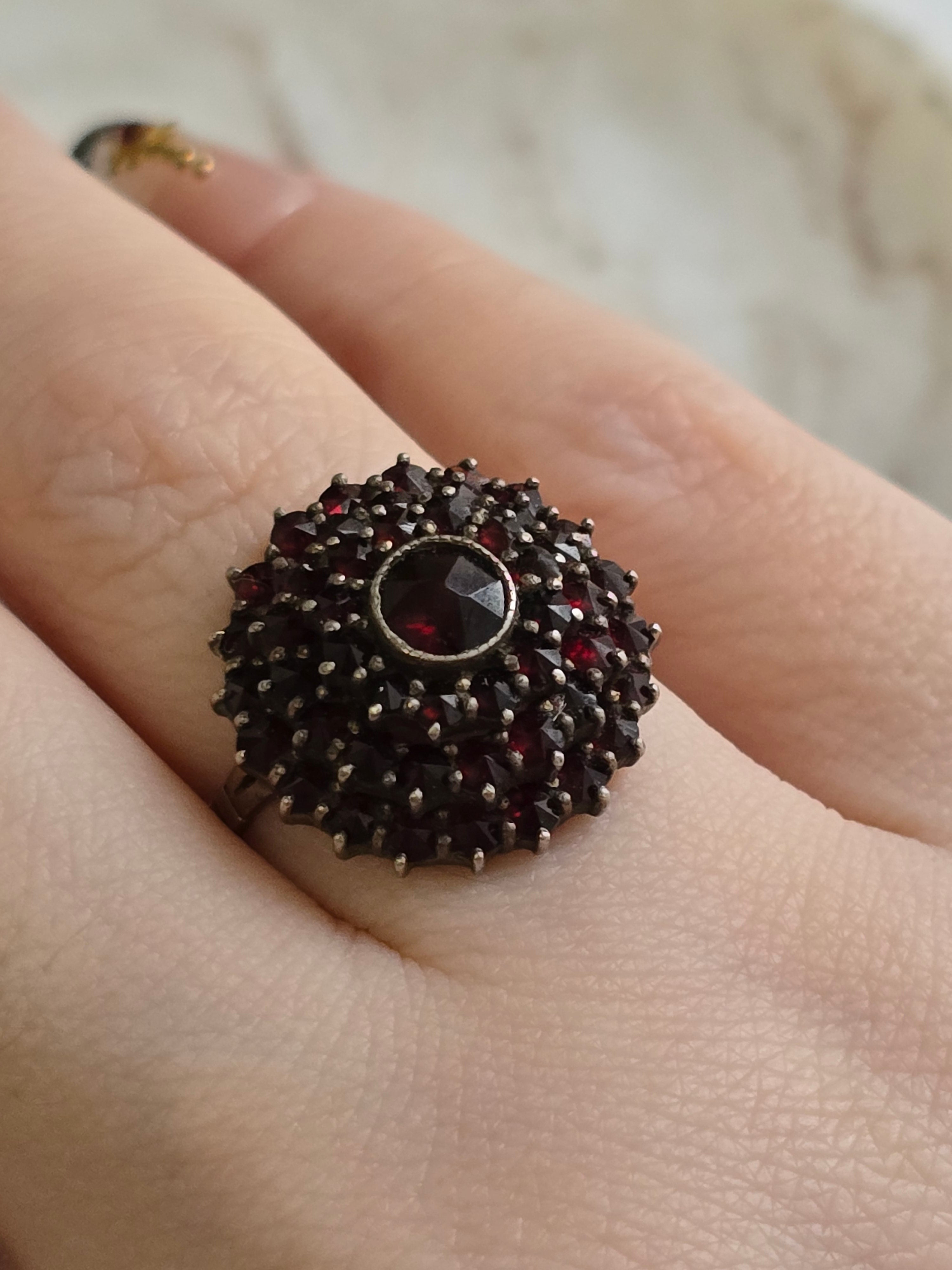 Antique Cluster Bohemian Garnet Silver Ring, Antique Jewellery