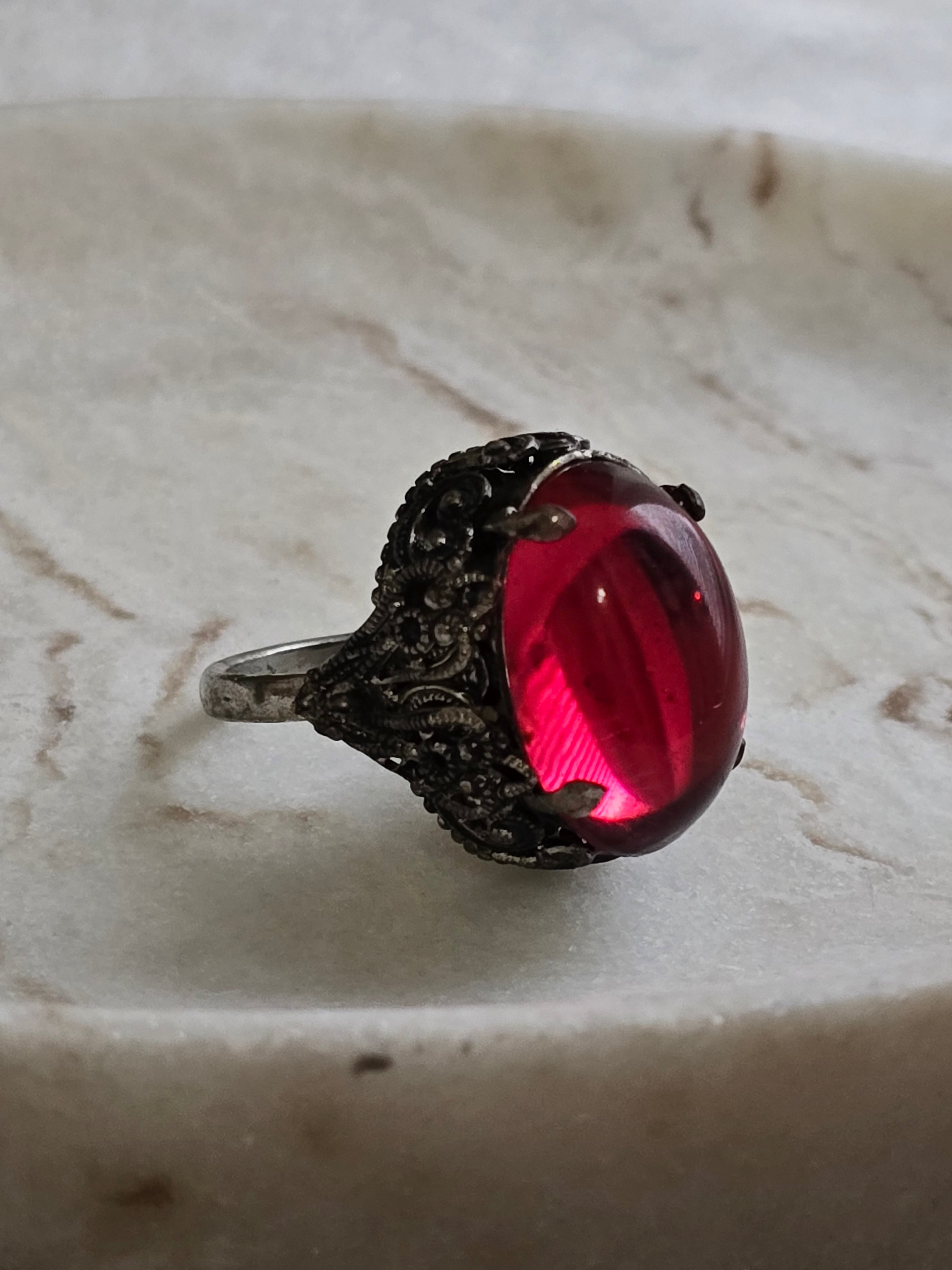 Antique Czech Pink Cabochon Glass Silver Tone Dress Ring